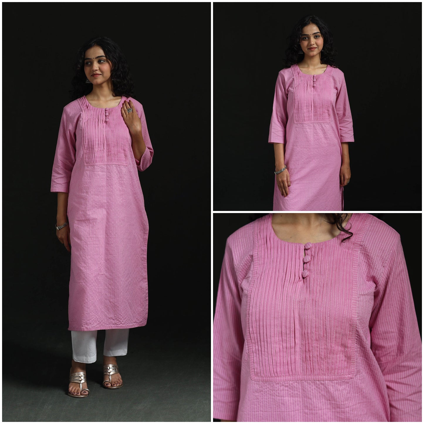 Plain running stitch pintuck straight cotton kurta