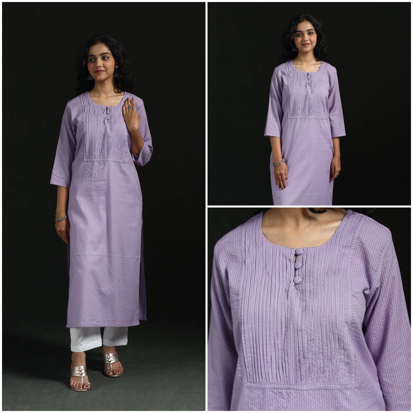 Plain running stitch pintuck straight cotton kurta