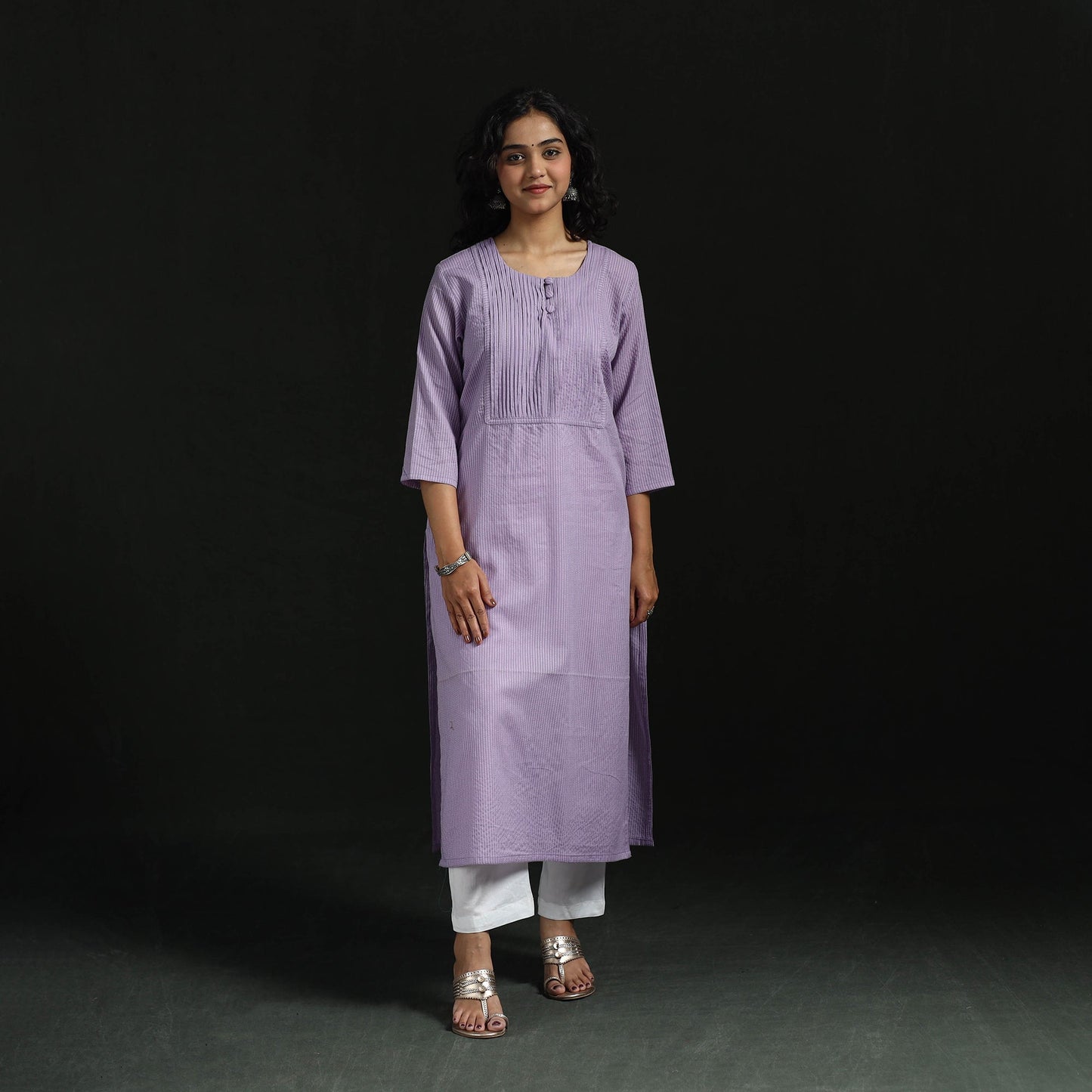 Plain running stitch pintuck straight cotton kurta