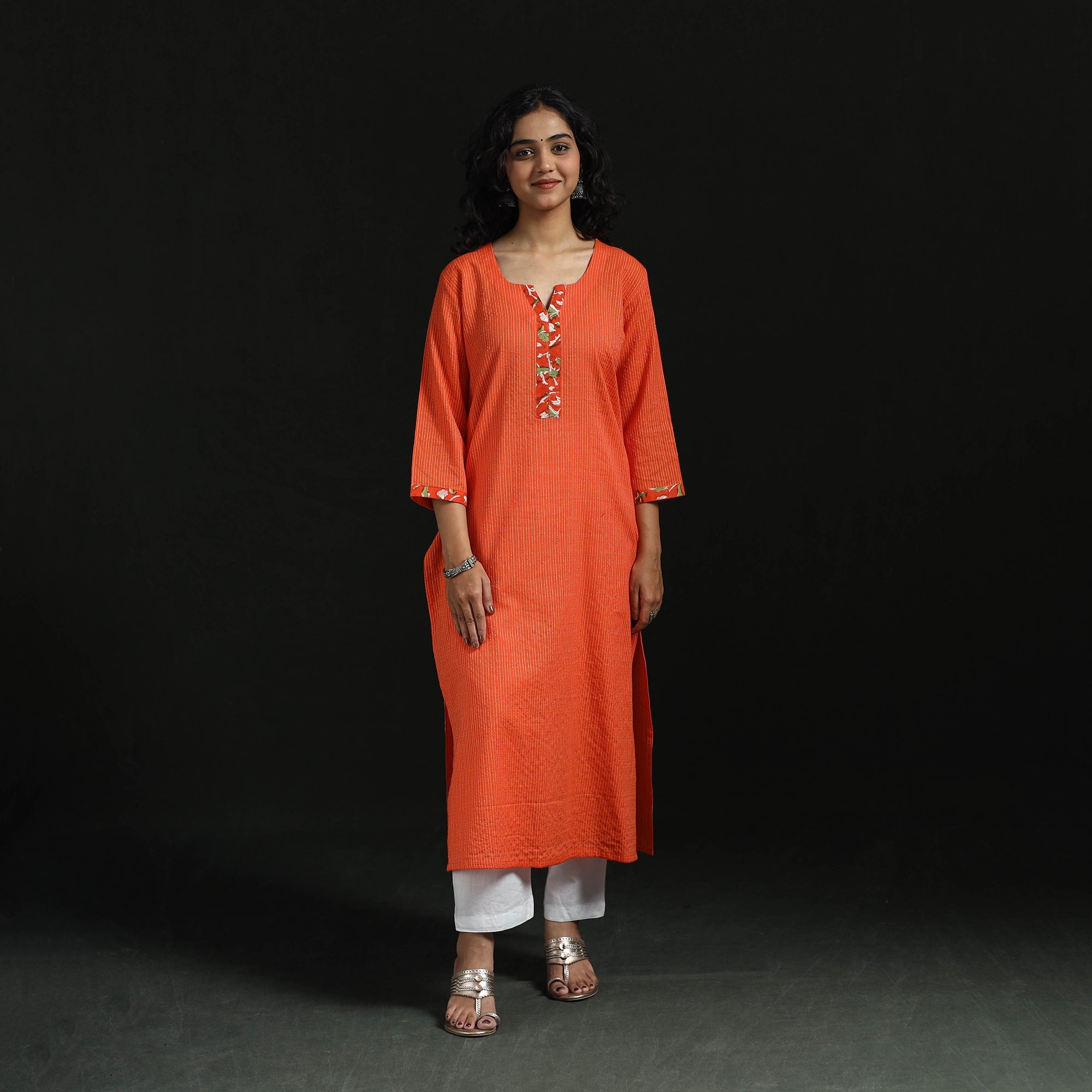Orange - Plain Running Stitch Straight Cotton Long Kurta for women 02