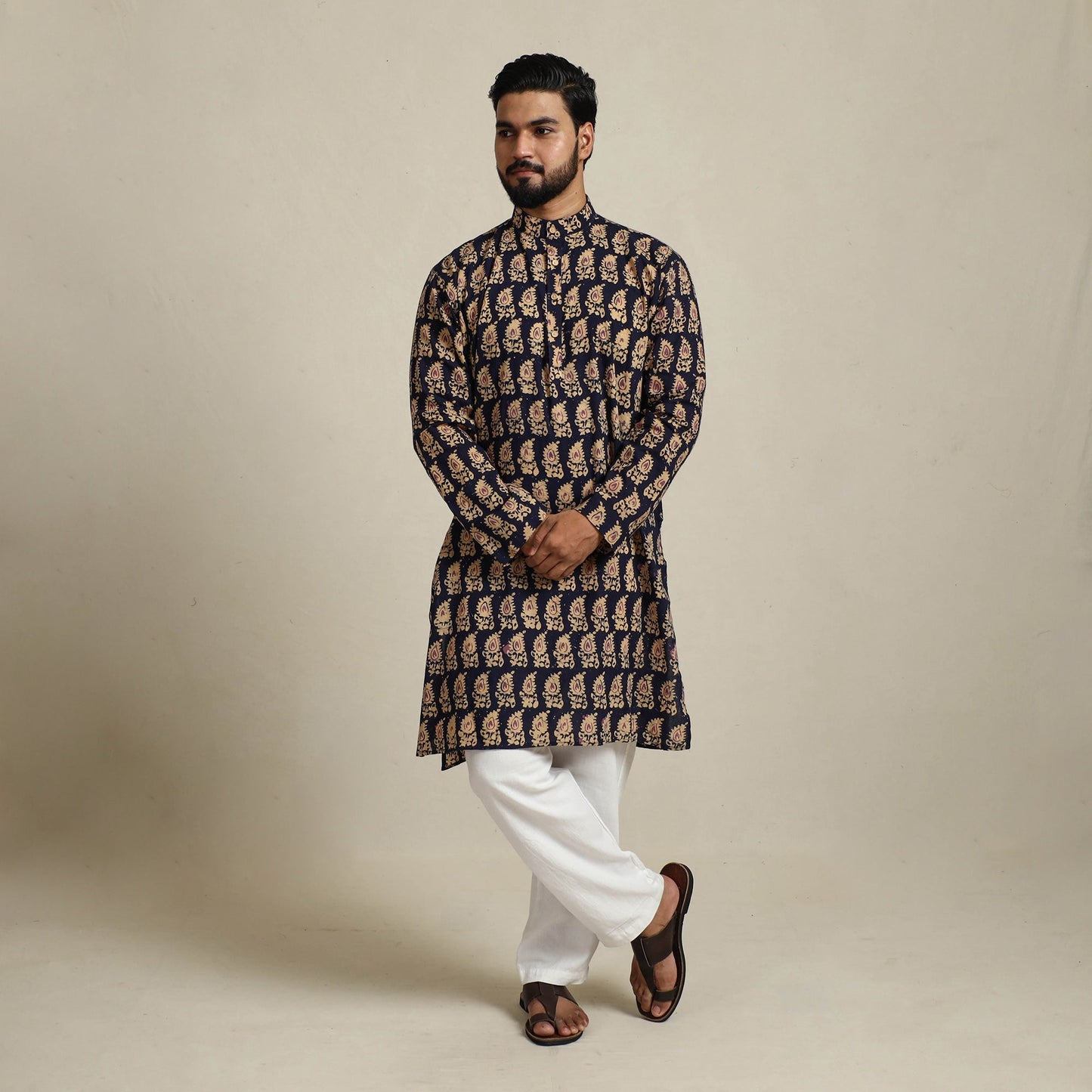 Pure Cotton Men Long Batik Print Kurta 08