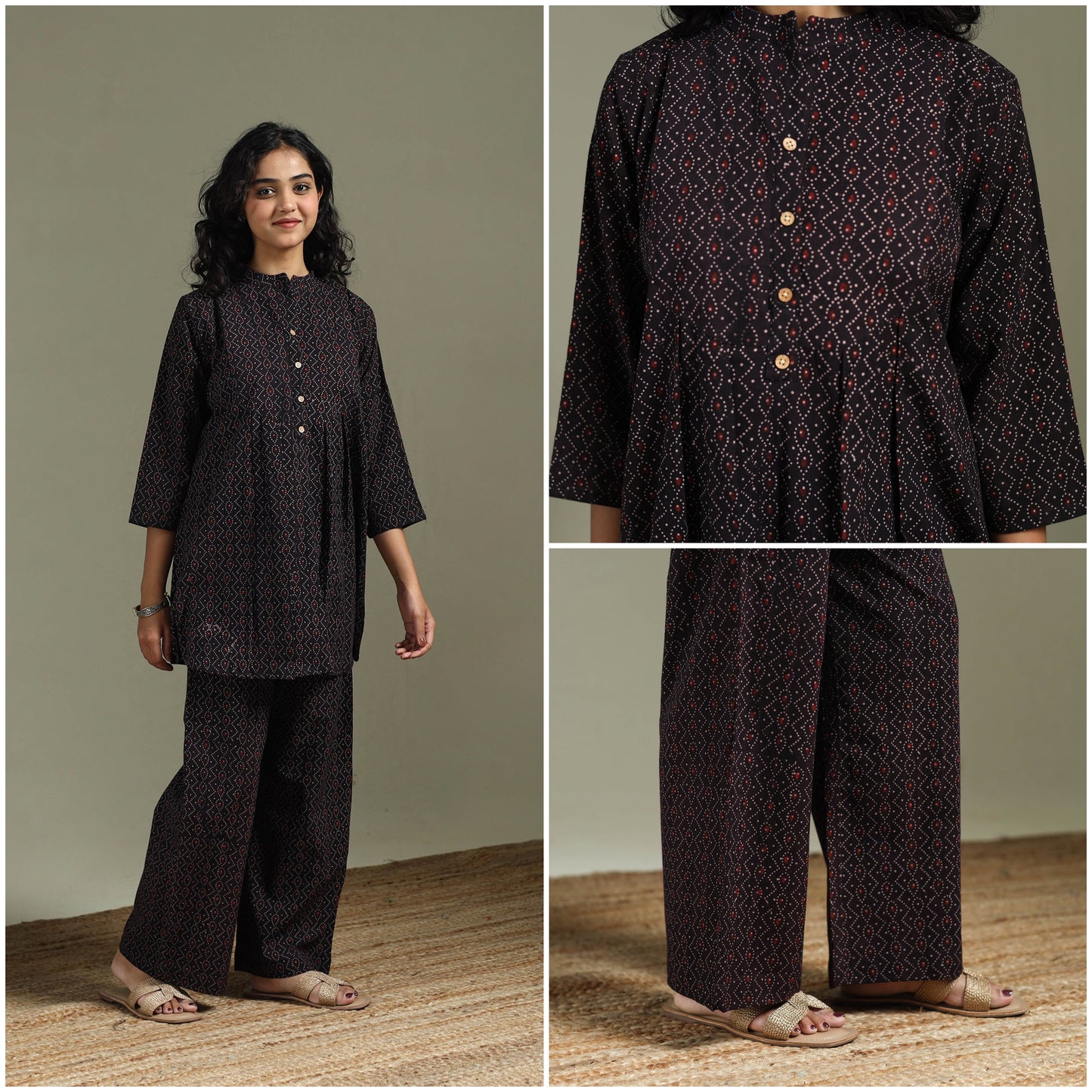 Pure cotton natural dyed ajrakh hand block print night suit