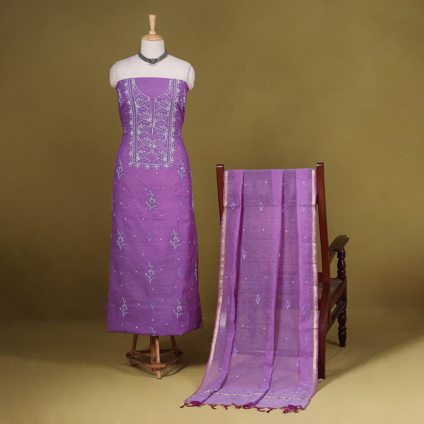 Purple - 2pc mul chanderi unstitched chikankari dress