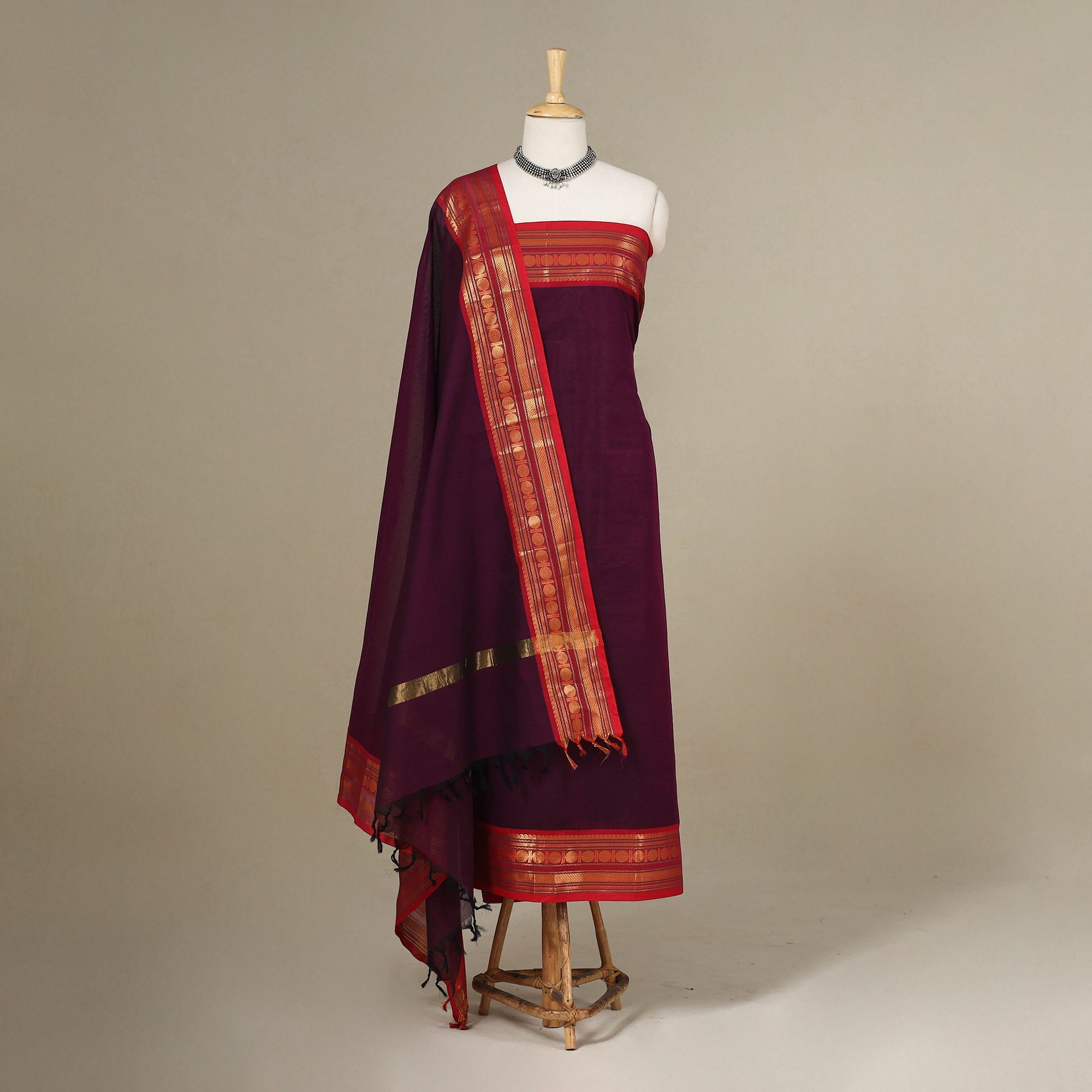 Purple 2pc Unstitched Kandangi Chettinad Cotton Dress Material Suit Set