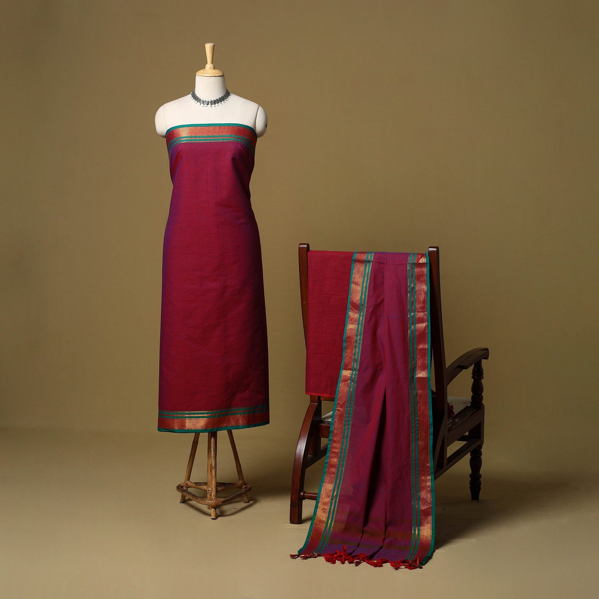 Purple and Black Dharwad Cotton Dress Material With Gomi Borders