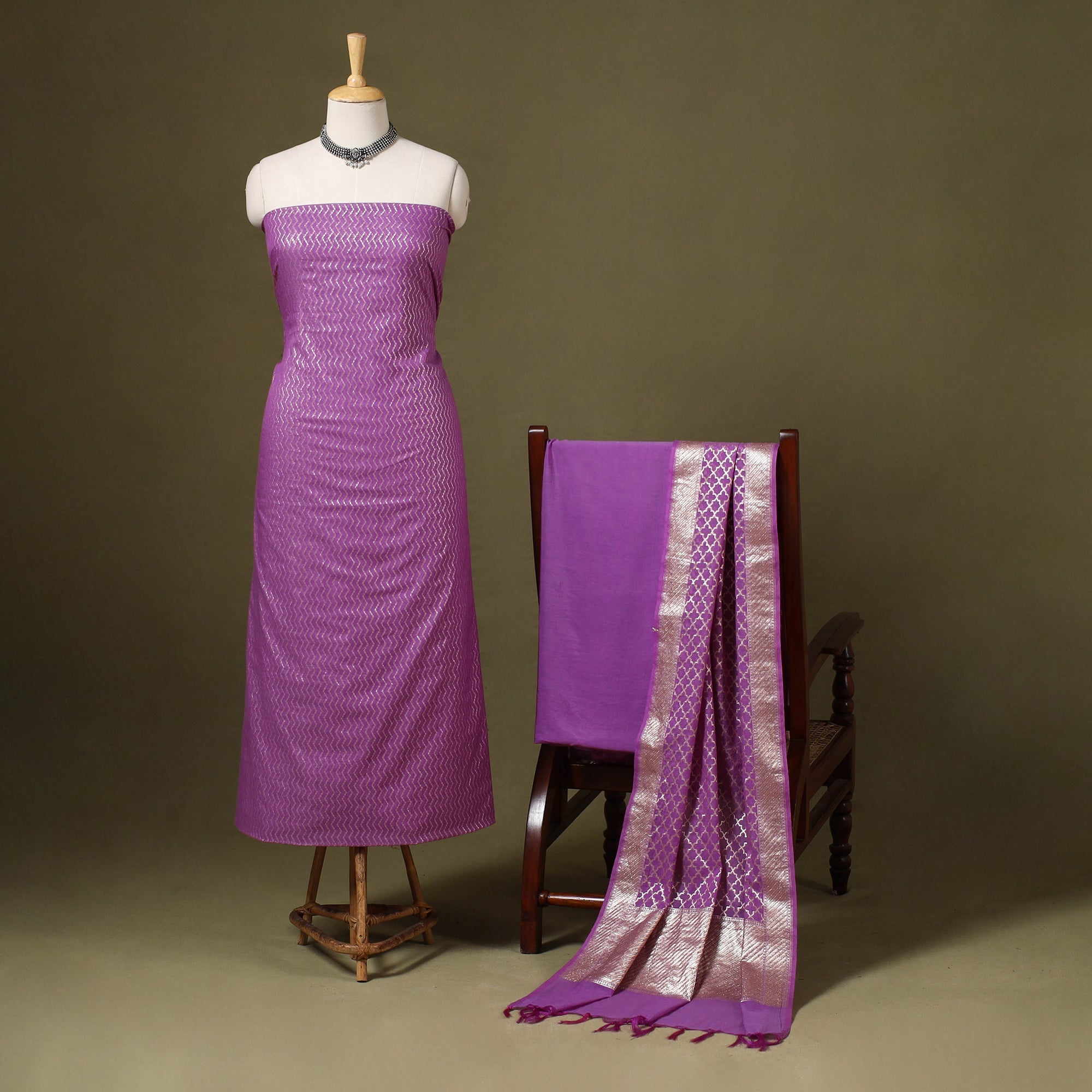 Purple 2pc Cotton x Viscose Zari Banarasi Unstitched Dress Material Suit  Sets