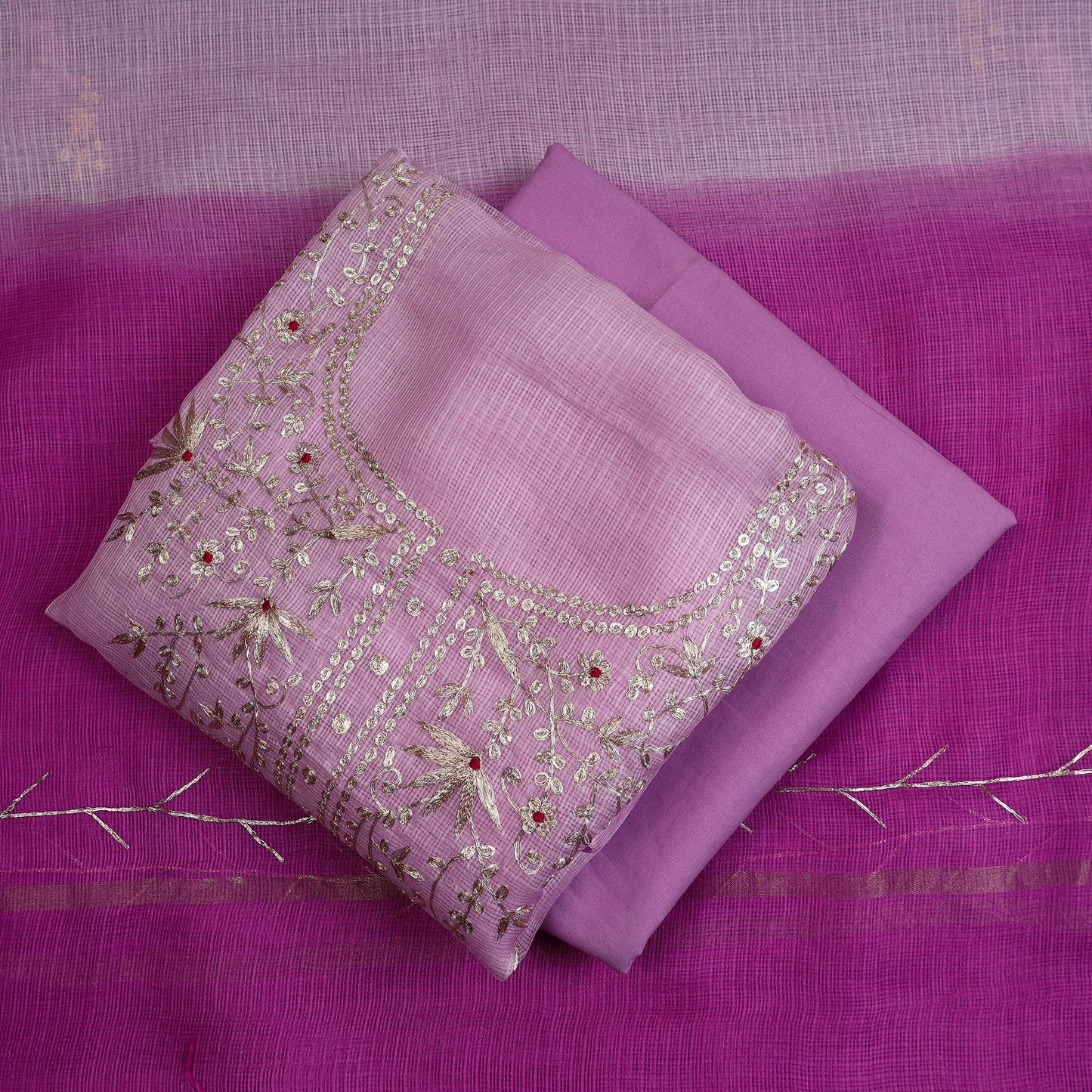 Purple 3pc Pitta Work Kota Doria Dress Material Set