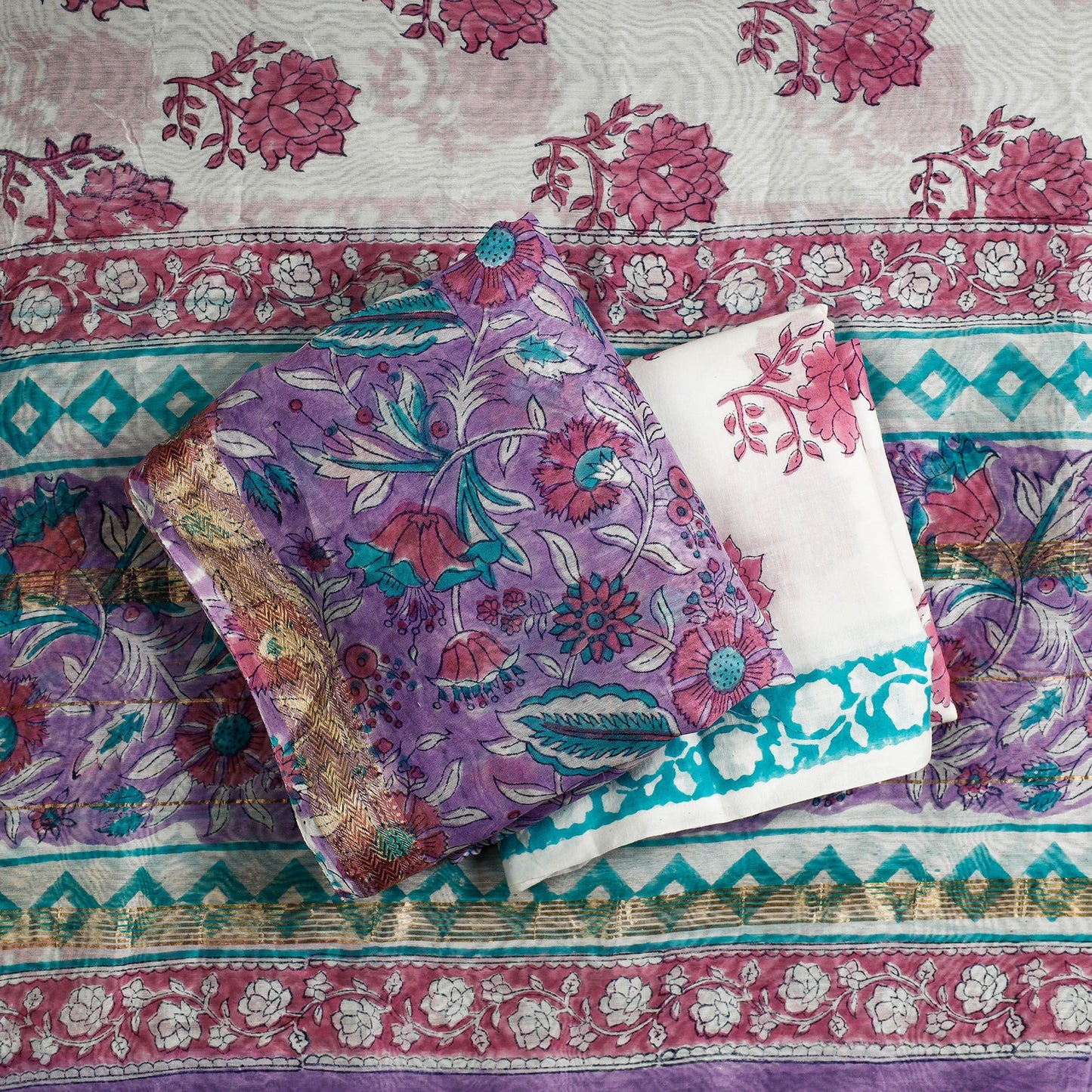 3pc Sanganeri Block Printed Maheshwari Silk Suit Material Set Online at iTokri.com