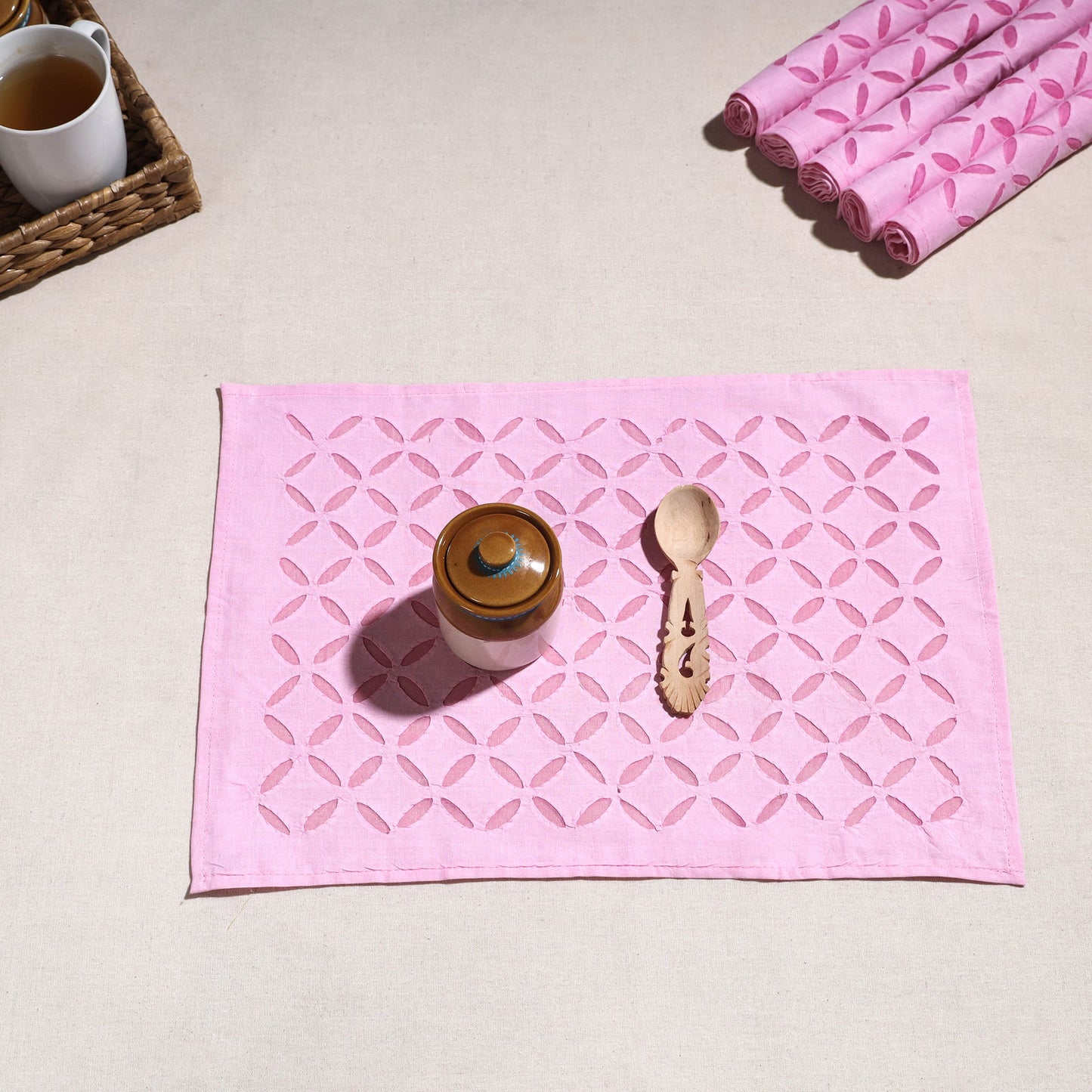 Purple Applique Cut Work Cotton Table Mats (set of 6)
