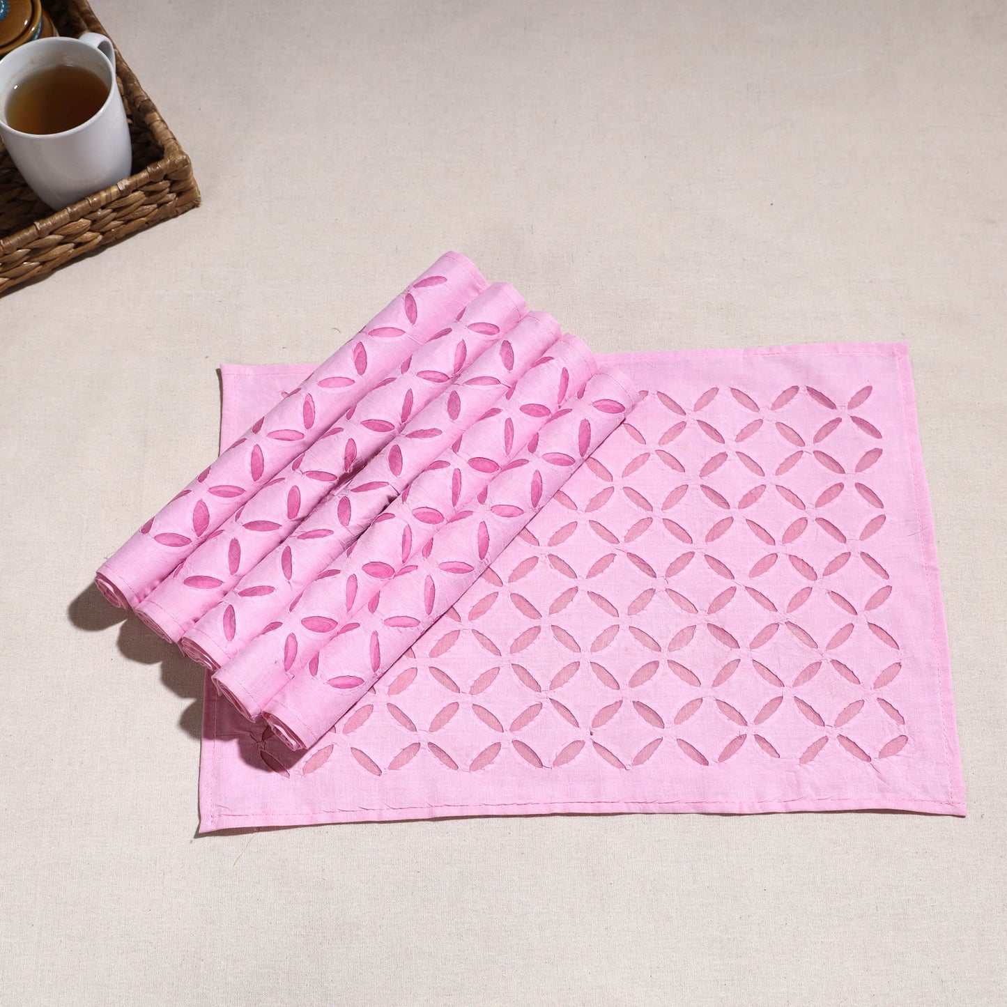 Purple Applique Cut Work Cotton Table Mats (set of 6)