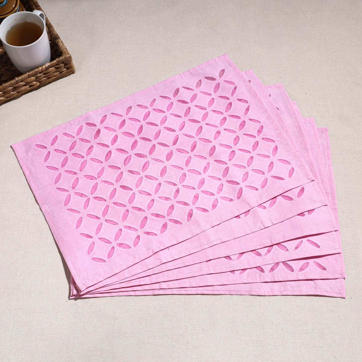 Purple Applique Cut Work Cotton Table Mats (set of 6)