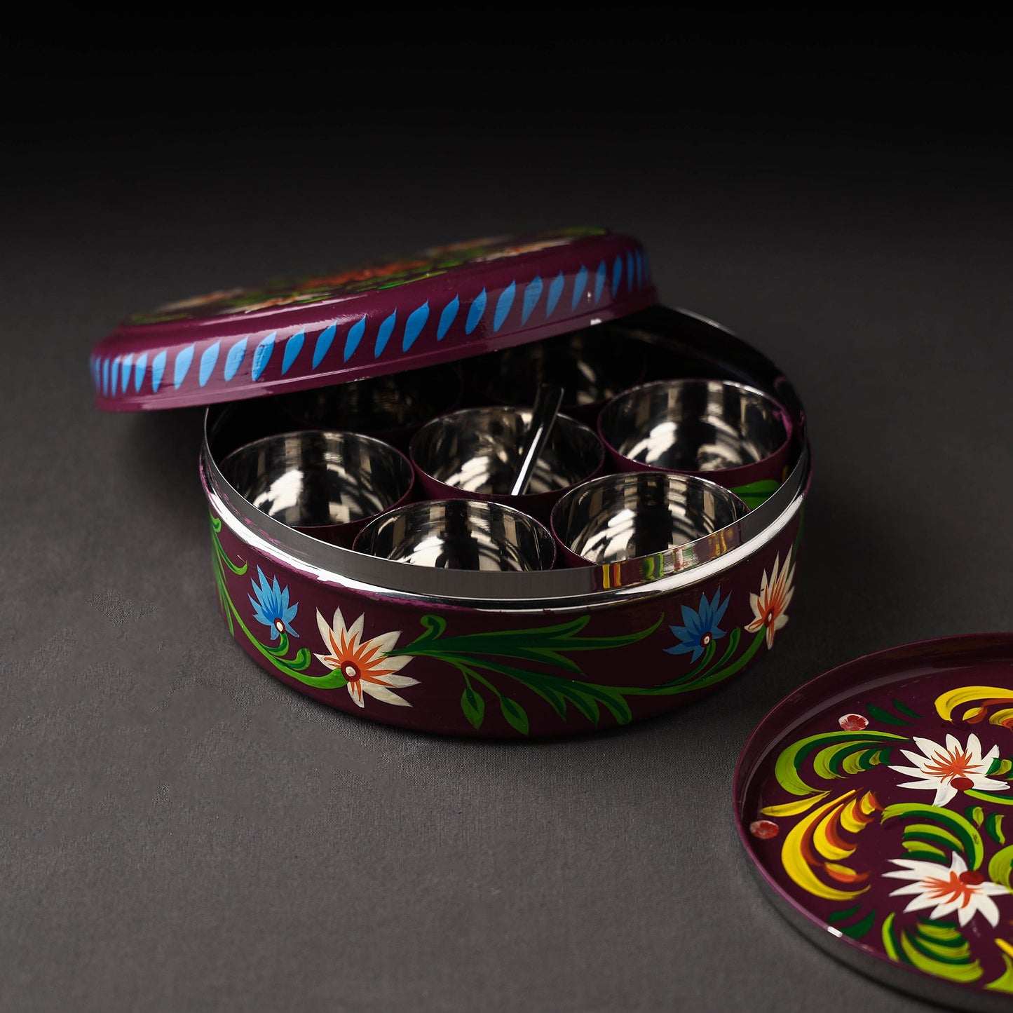Banaras Handpainted Stainless Steel Purple Masala Box