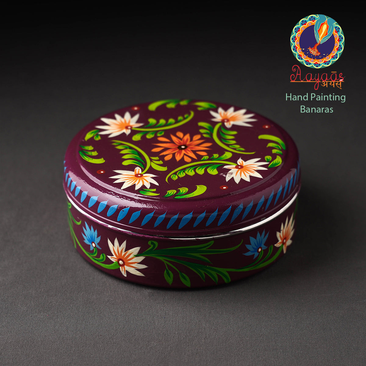 Banaras Handpainted Stainless Steel Purple Masala Box