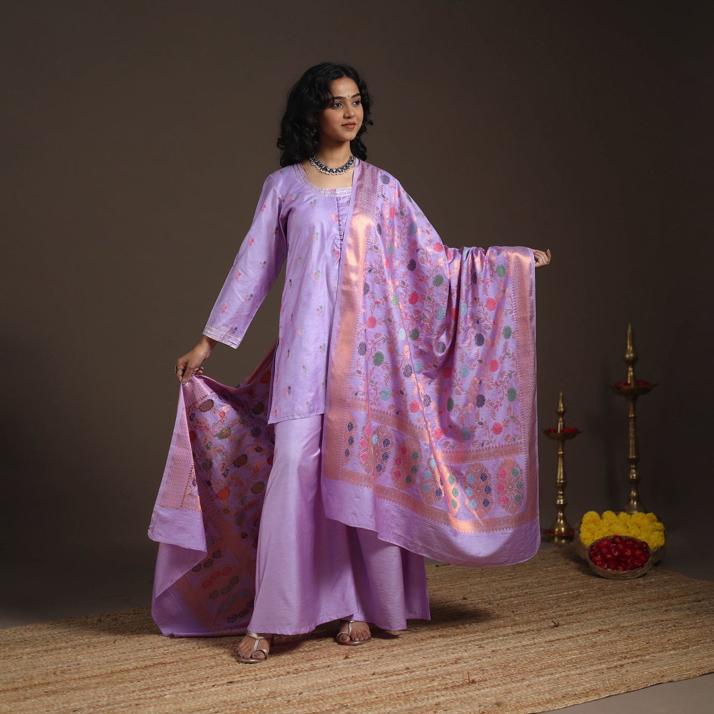 Purple - banarasi with gota work meena weaving silk cotton