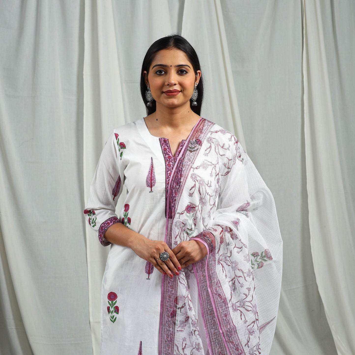 Purple Block Print Cotton Sanganeri Kurta Set