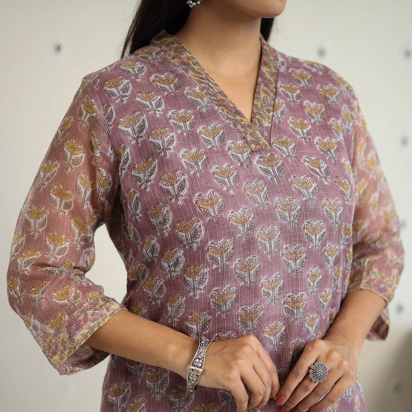 Purple Block Print Kota Doria Cotton Sanganeri Kurta Set (Set of 3)
