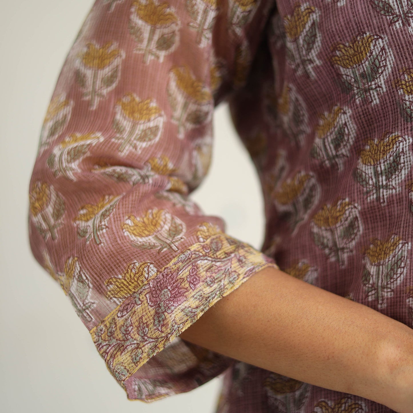 Purple Block Print Kota Doria Cotton Sanganeri Kurta Set (Set of 3)