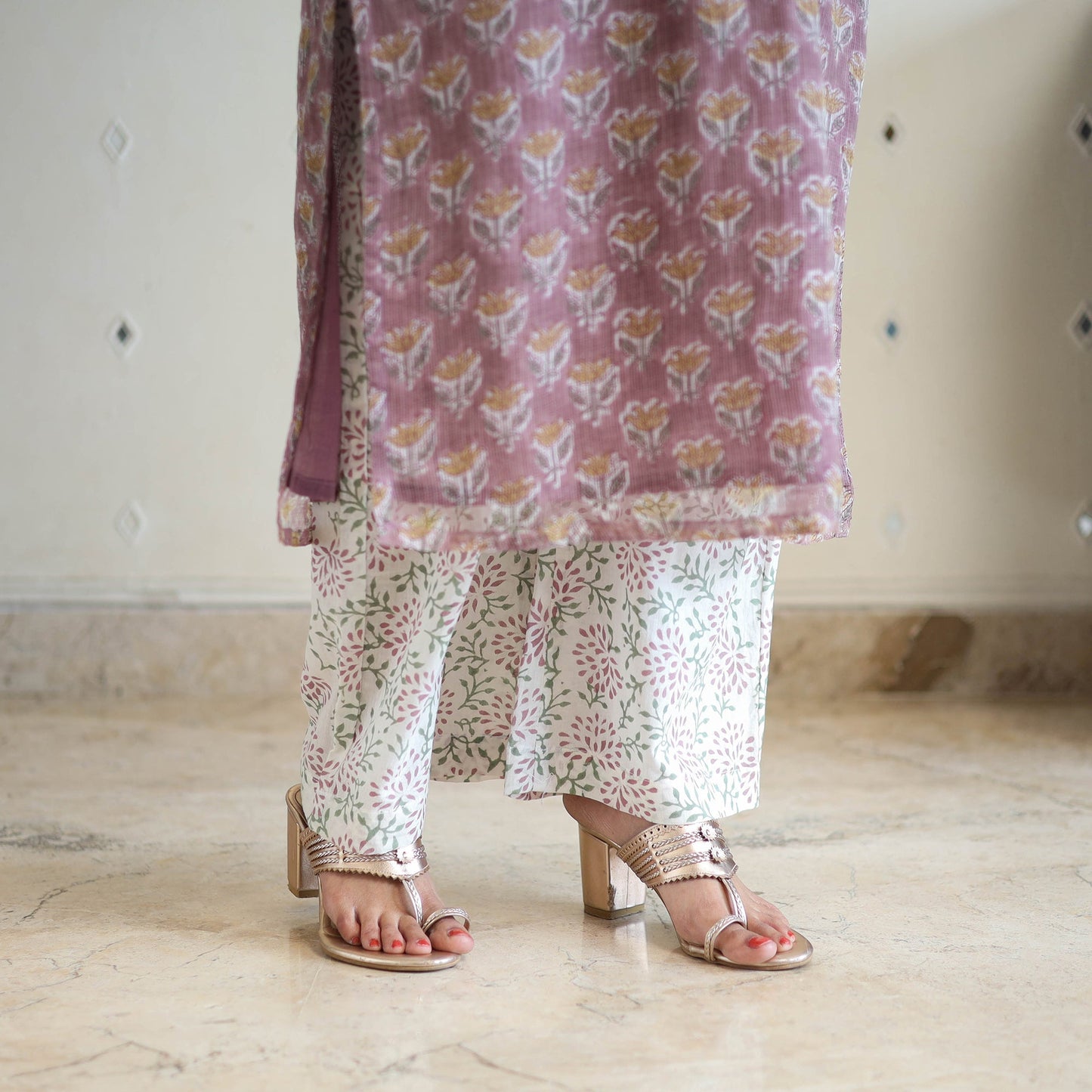 Purple Block Print Kota Doria Cotton Sanganeri Kurta Set (Set of 3)