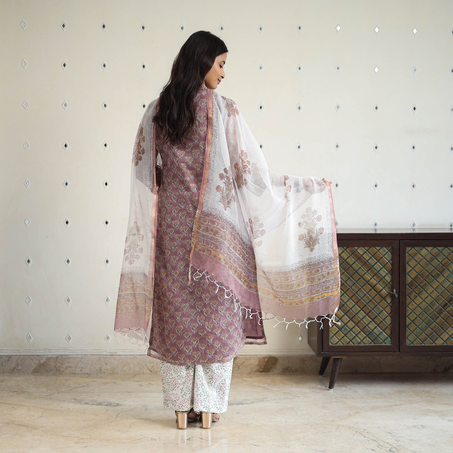 Purple Block Print Kota Doria Cotton Sanganeri Kurta Set (Set of 3)