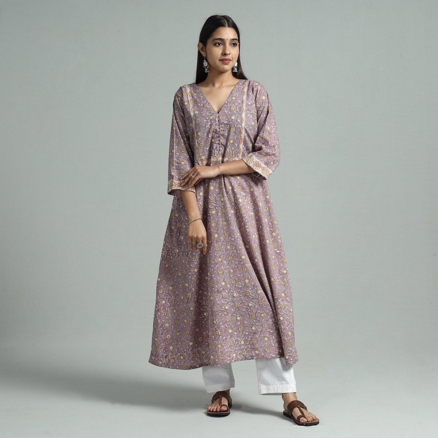 Brown - sanganeri block printed cotton a-line kurta