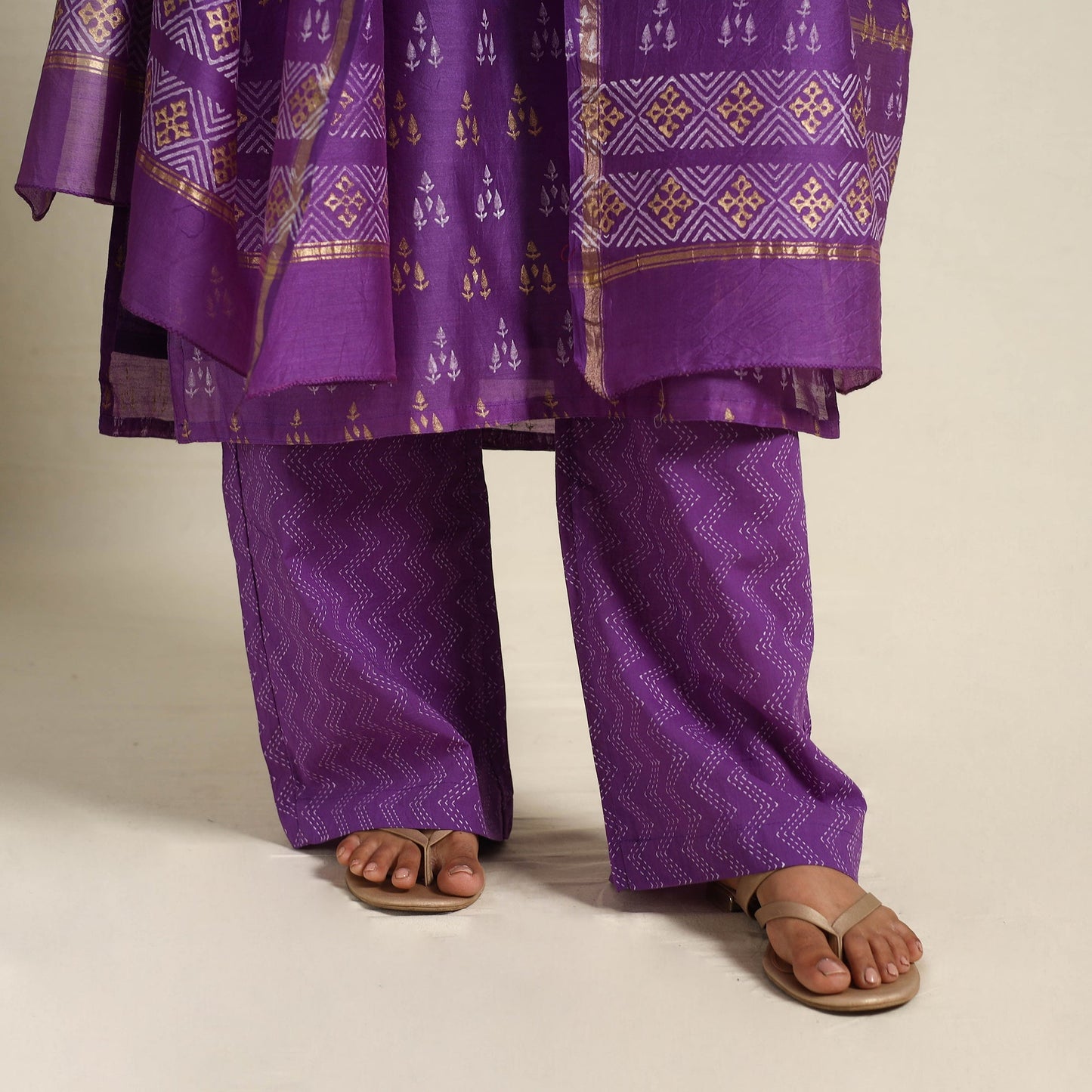 Purple Chanderi Silk Bagru Print Kurta Set