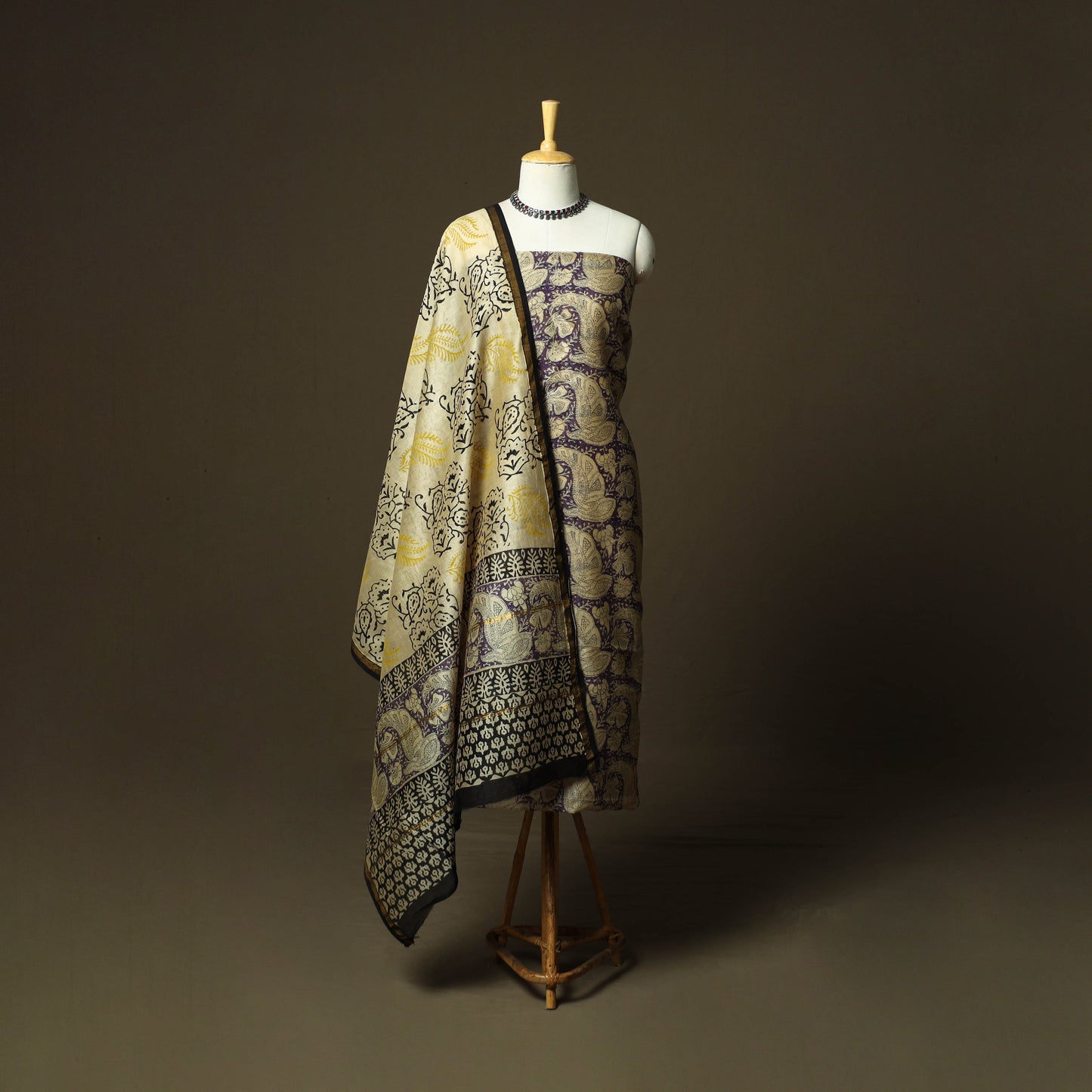 Chanderi silk hand block bagru print 3pc unstitched dress
