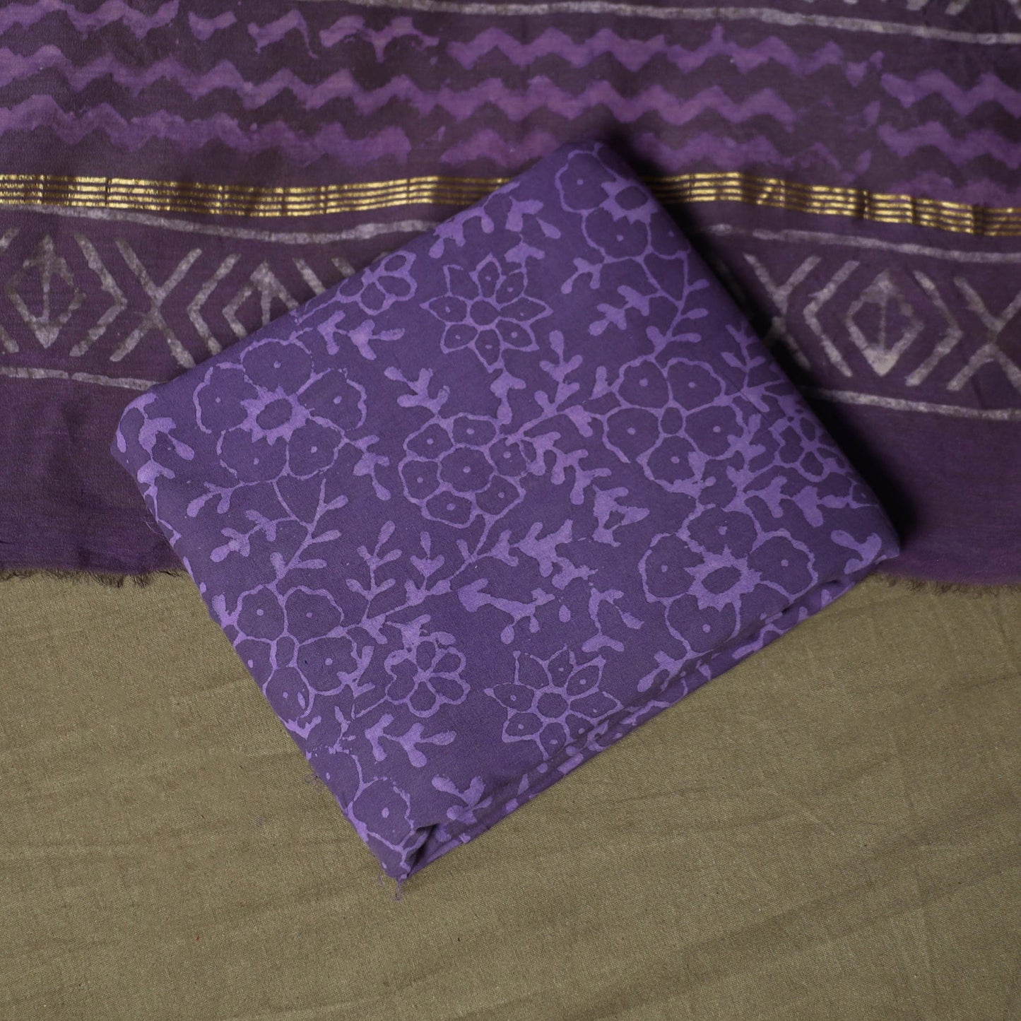 Chanderi silk hand block bagru print 3pc unstitched dress