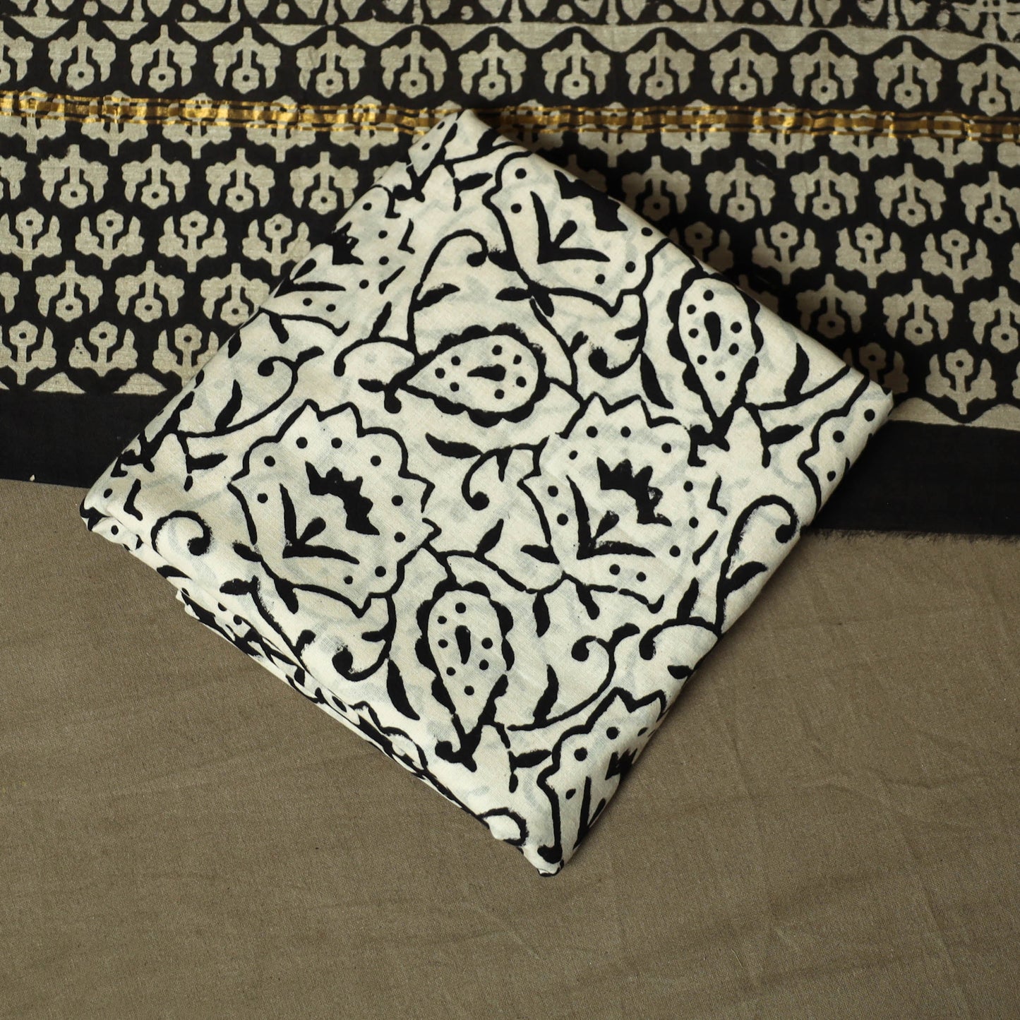 Chanderi silk hand block bagru print 3pc unstitched dress