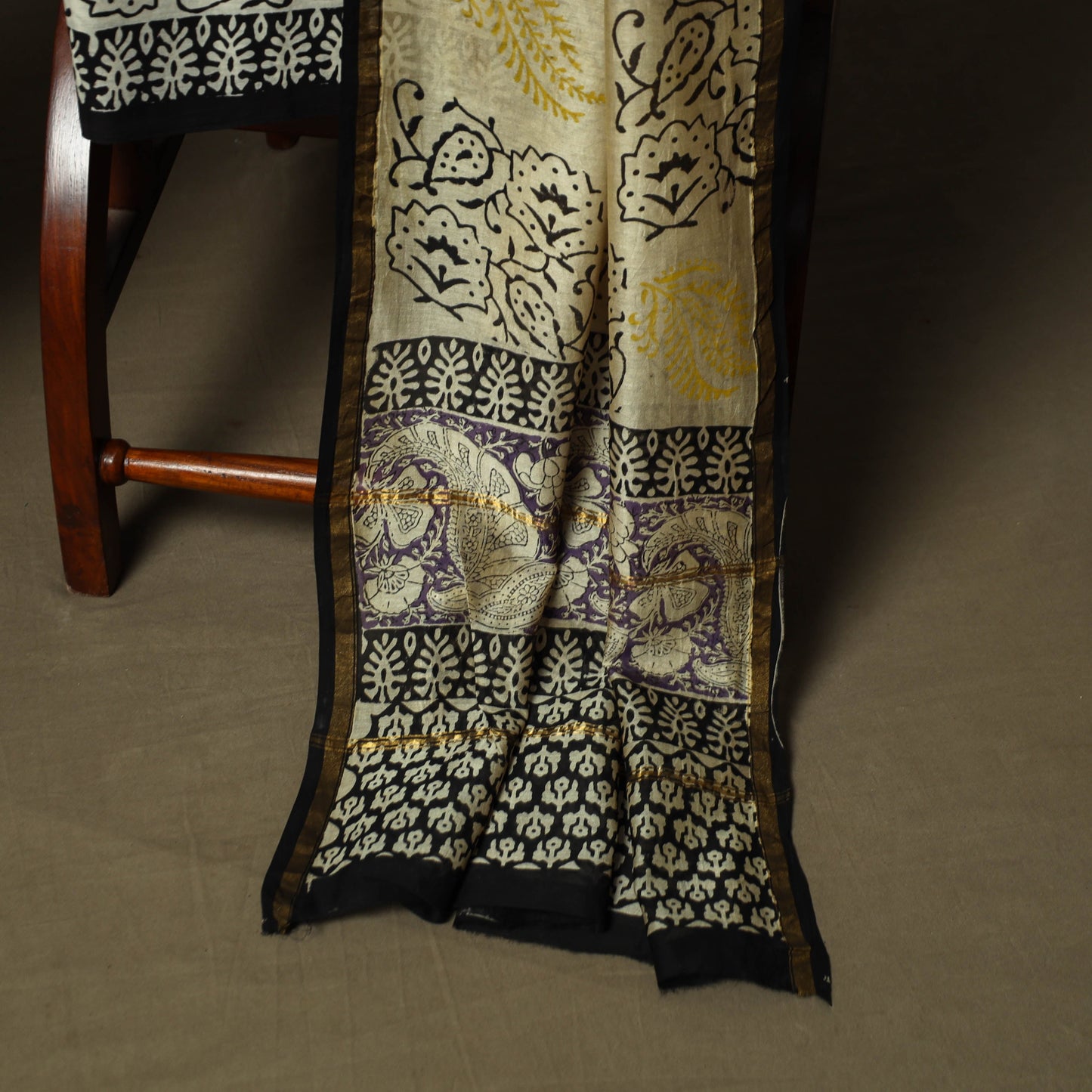 Chanderi silk hand block bagru print 3pc unstitched dress