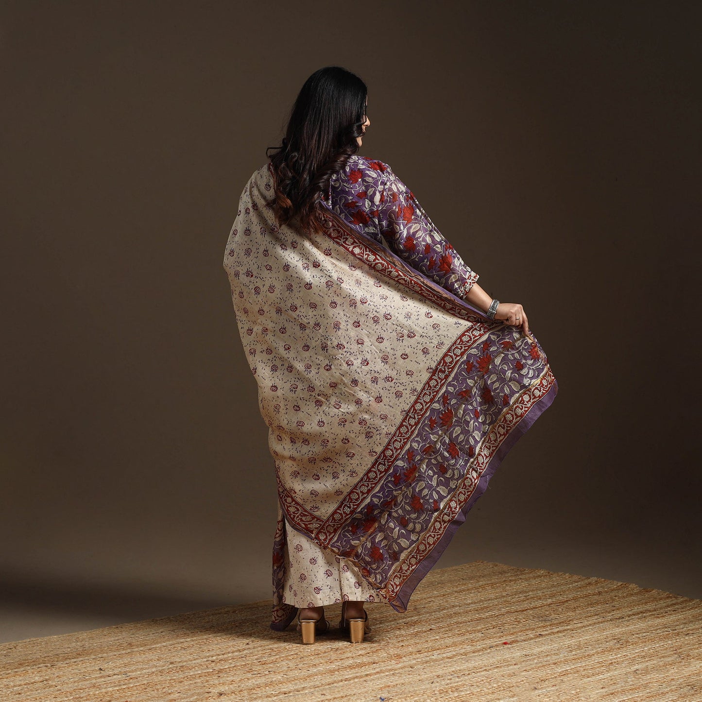 Purple - chanderi silk hand embroidery sanganeri suit set