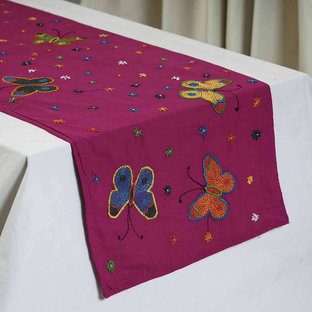 Purple Chandi Mati Tagai Work Silk Cotton Table Runner