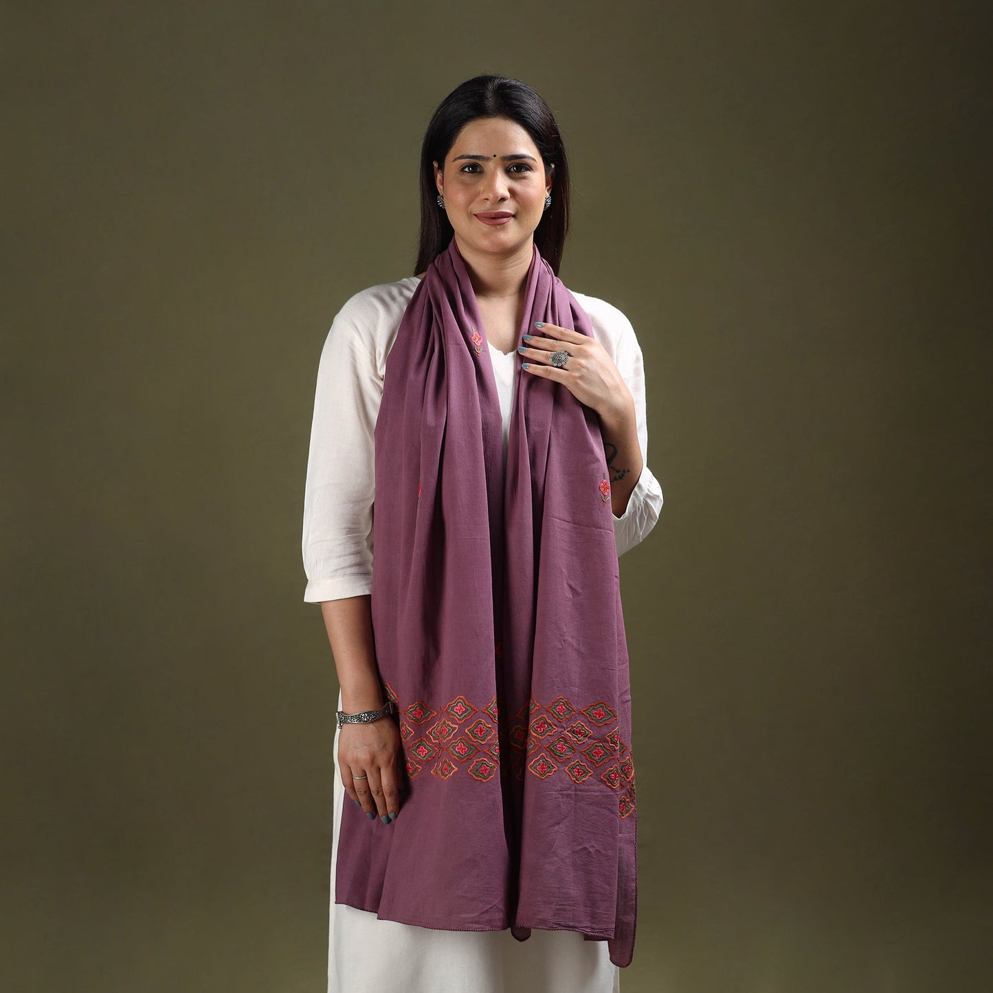 Buy Purple Cotton Kashida Embroidery Stole