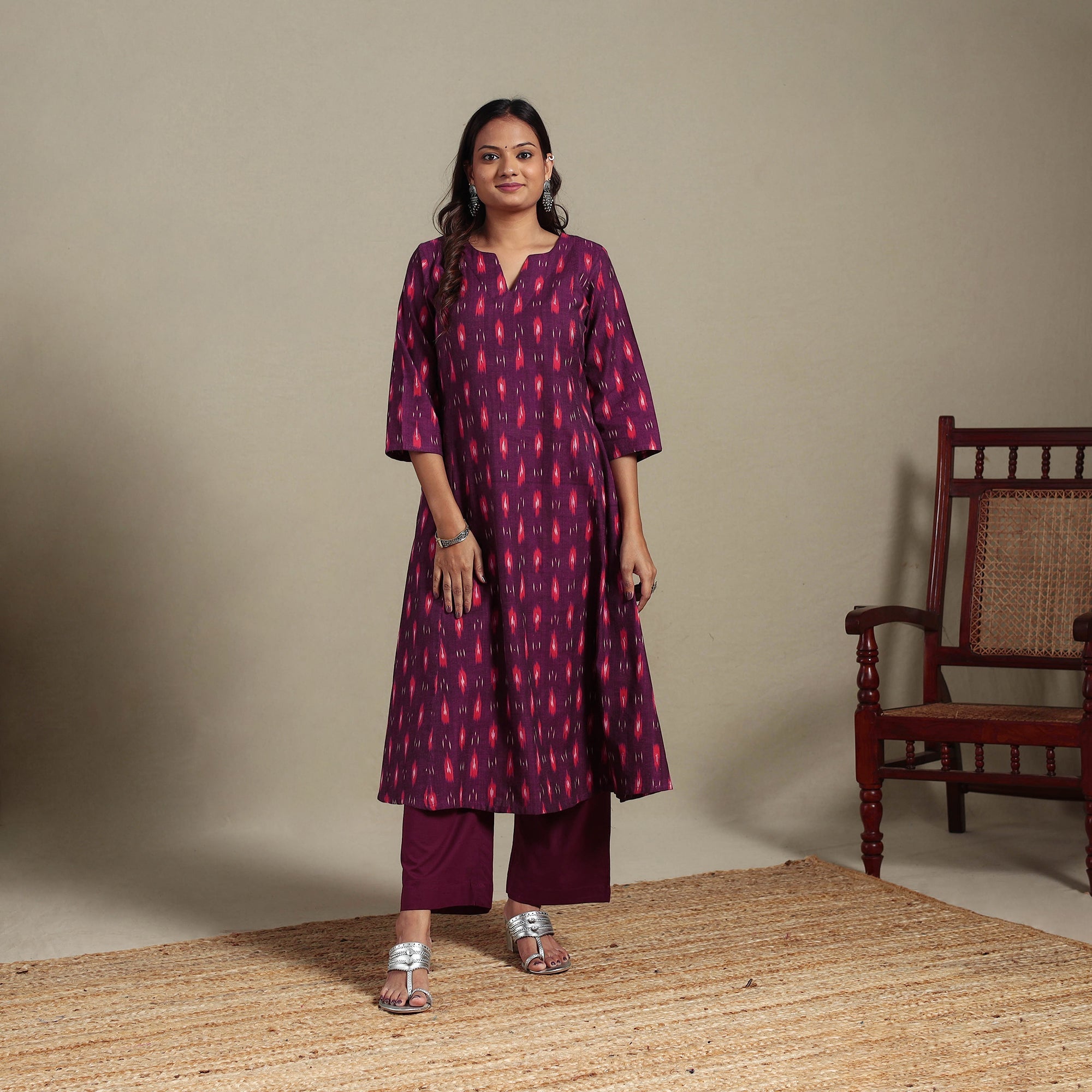 Orange - Handloom Cotton A-Line Pochampally Ikat Kurta 05