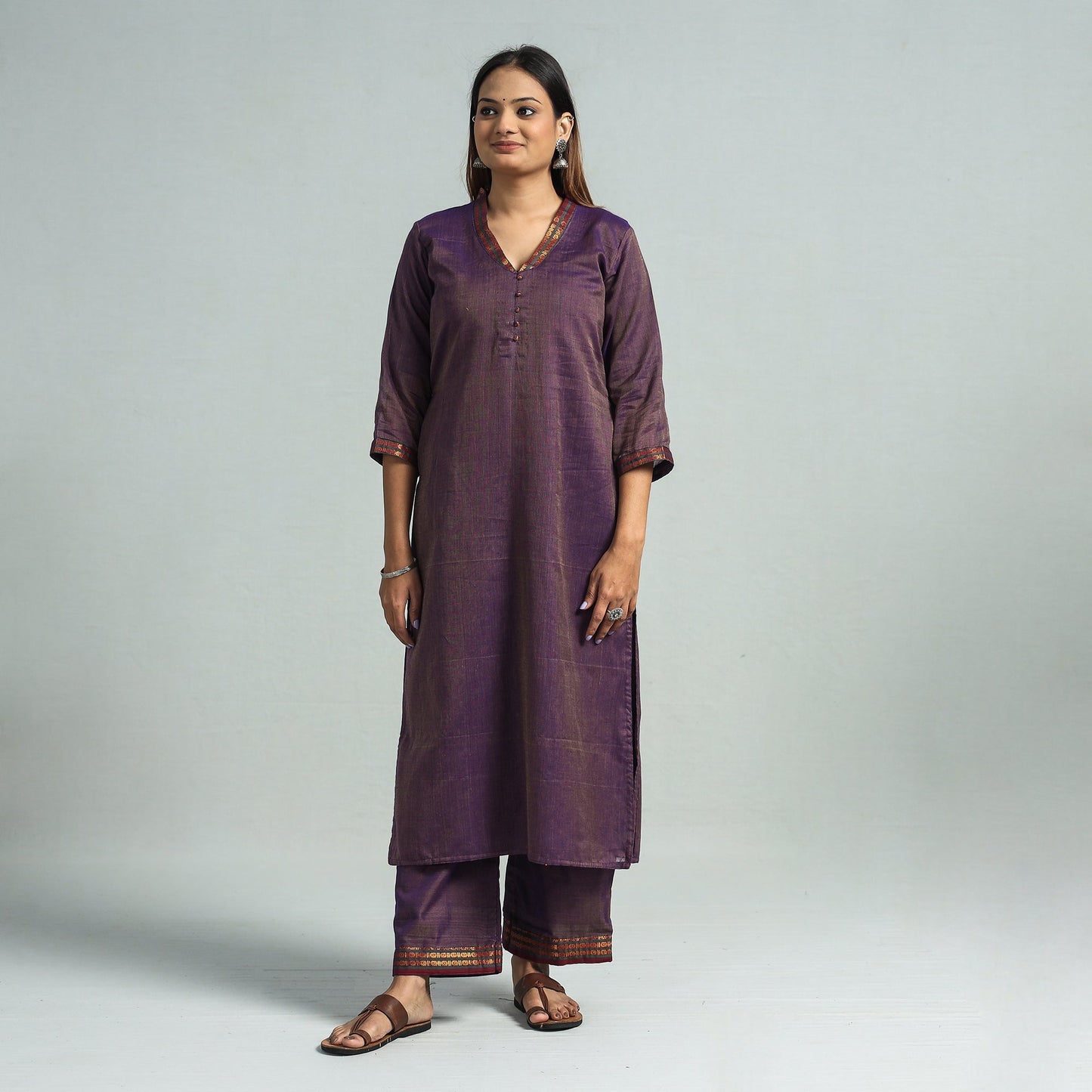 Purple - Dharwad Cotton Kurta with Palazzo & Dupatta Set