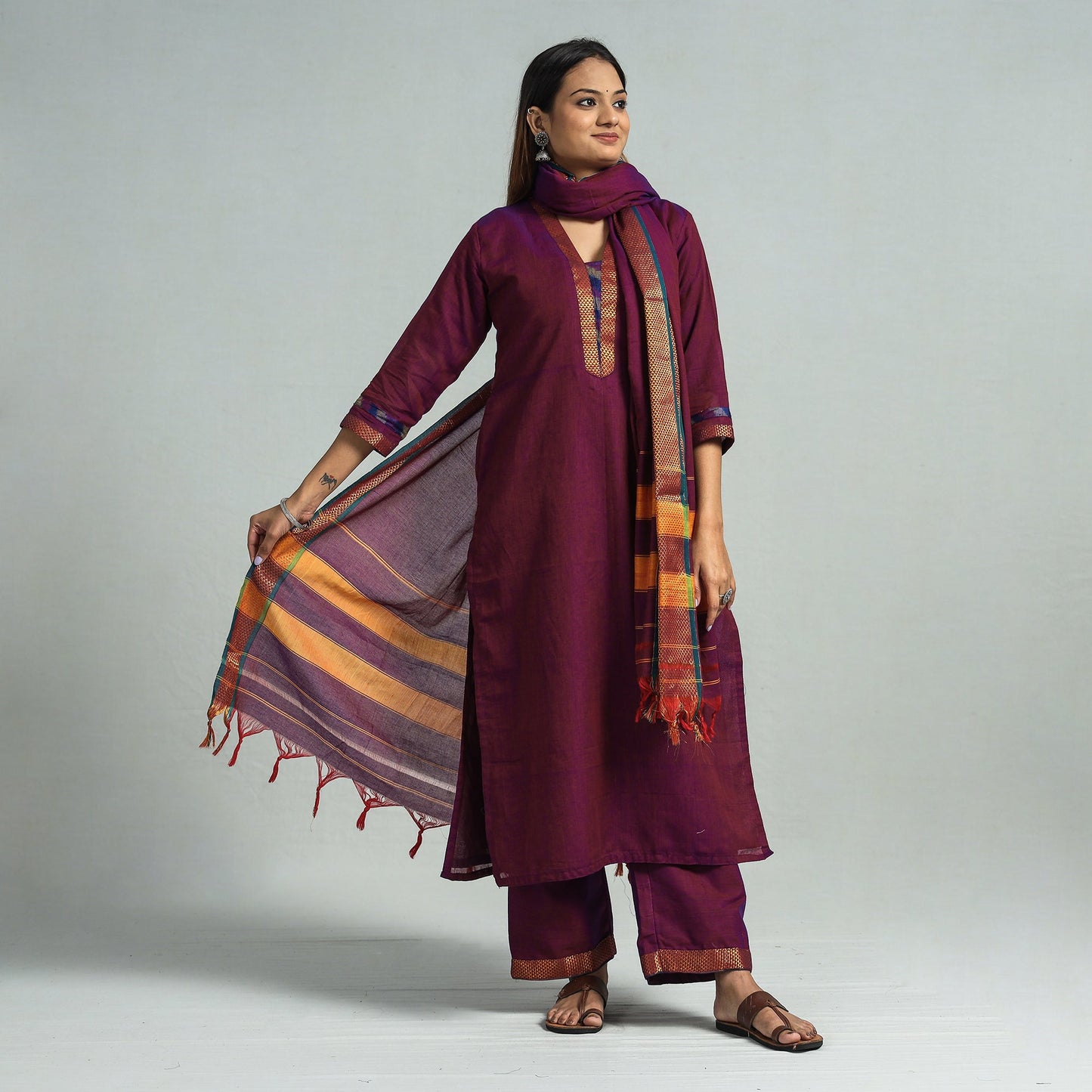 Purple - dharwad cotton kurta with palazzo & dupatta set