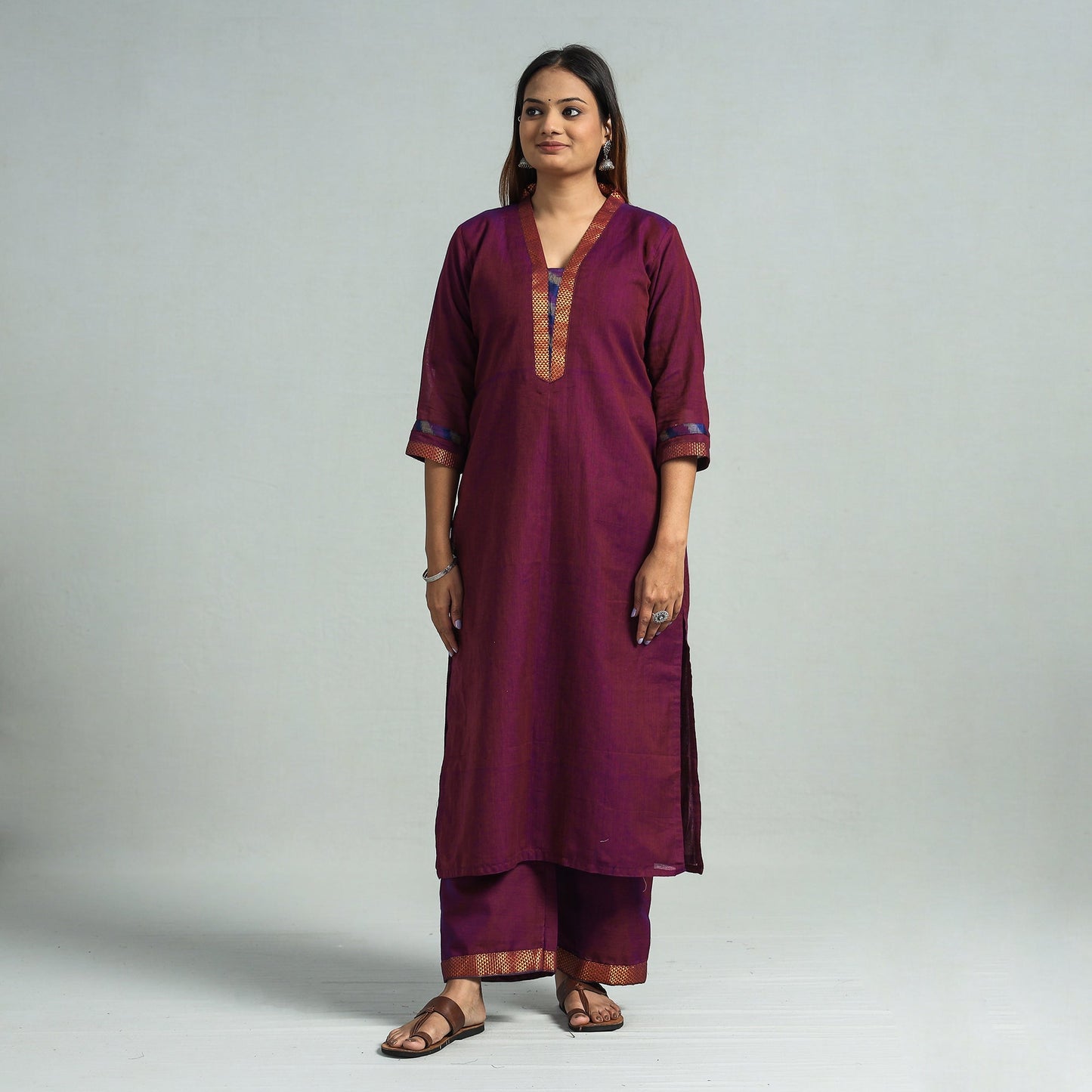 Purple - dharwad cotton kurta with palazzo & dupatta set