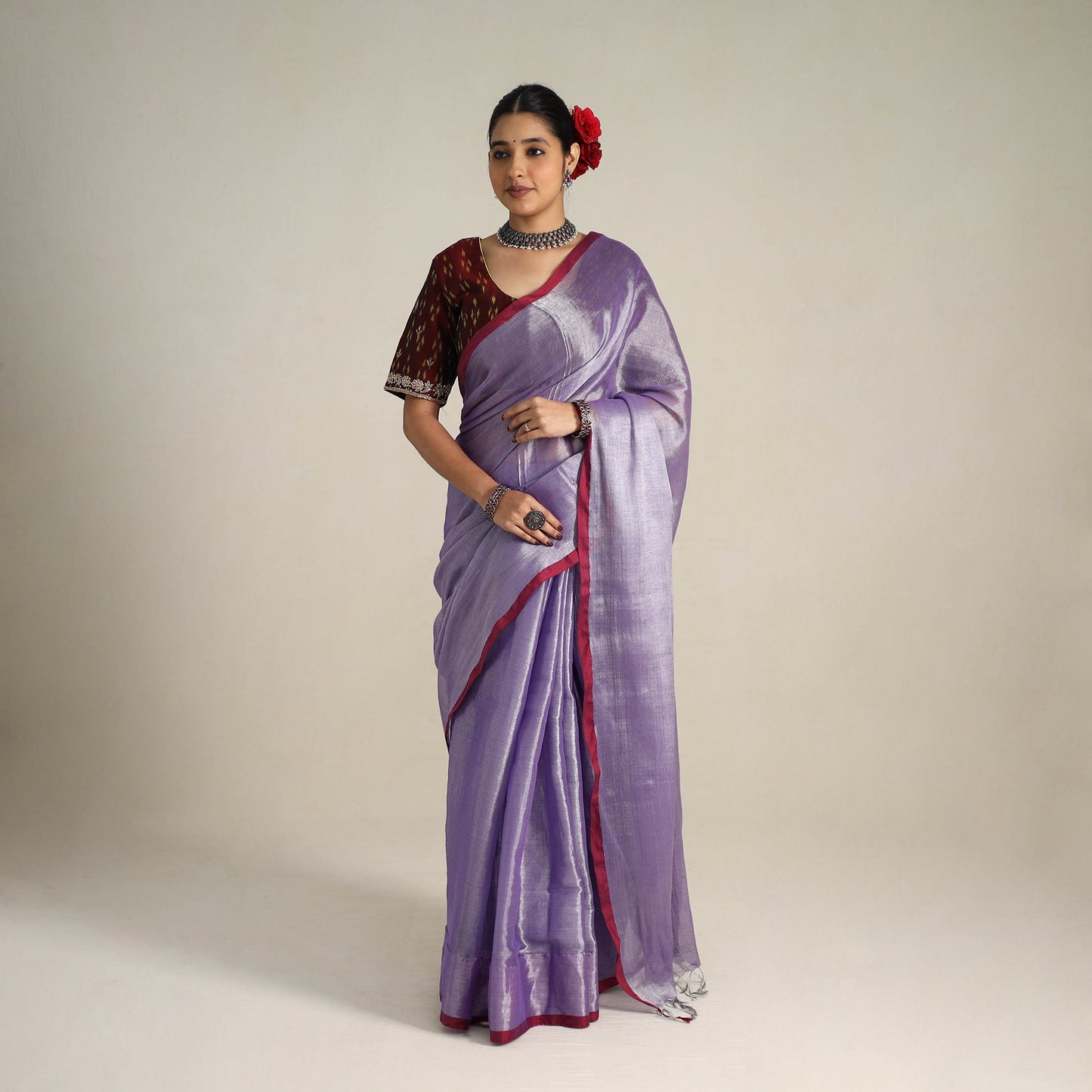 Fine Tissue Zari Purple Bengal Saree with Embroidered Blouse
