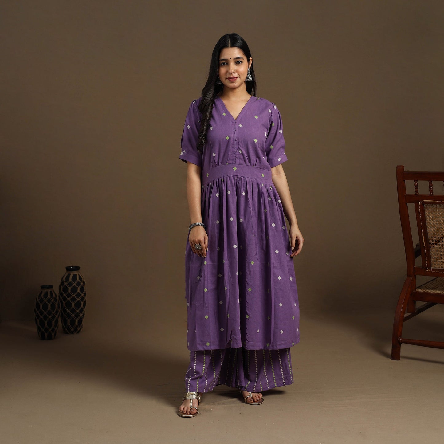 Flared Cotton Purple Jacquard Kurta with Palazzo Set