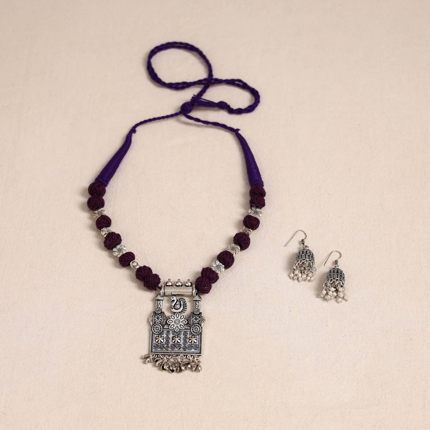 Purple German Silver Thread Beads Necklace Set