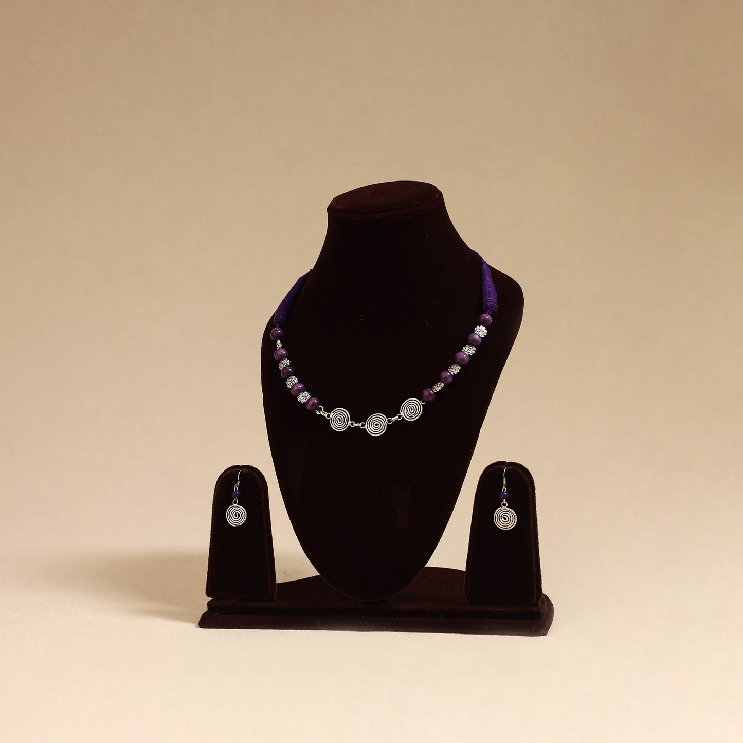 Purple - german silver wooden beads necklace set 15