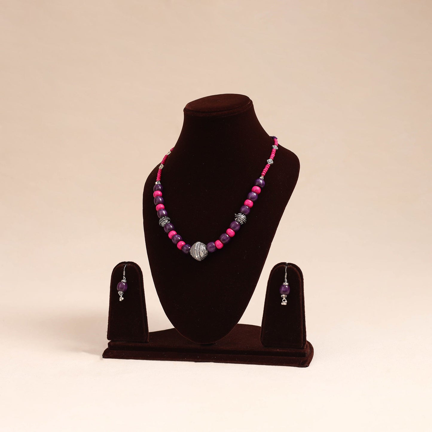Purple - german silver wooden beads necklace set 83