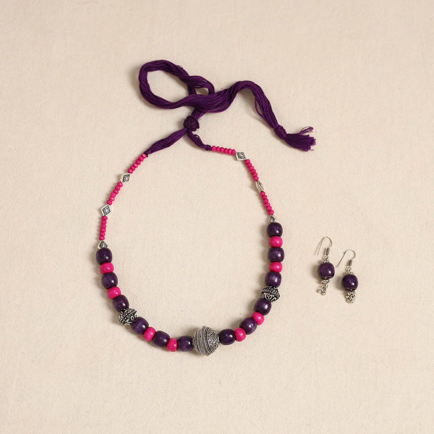 Purple - german silver wooden beads necklace set 83