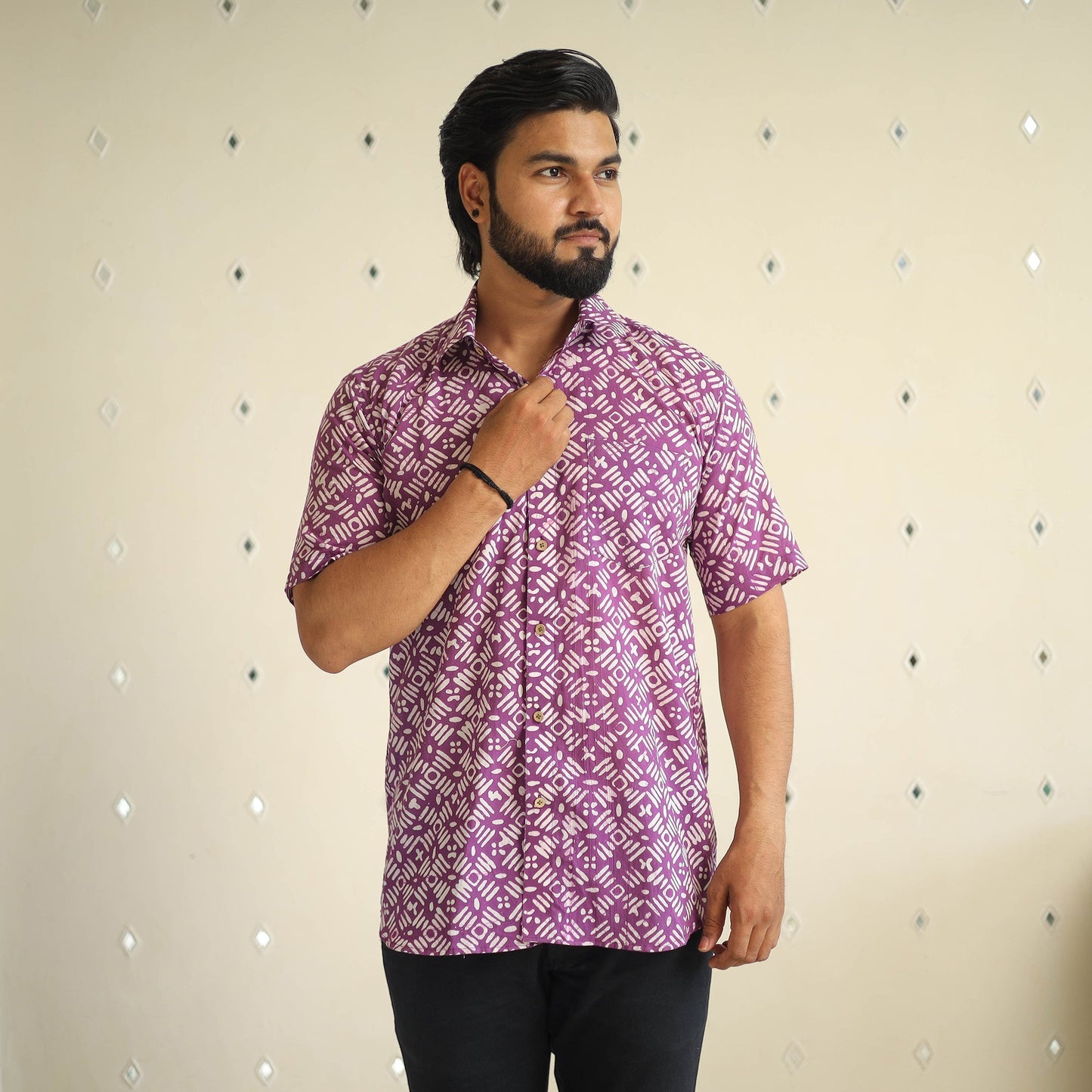Purple Half Sleeve Cotton Men Hand Batik Print Shirt
