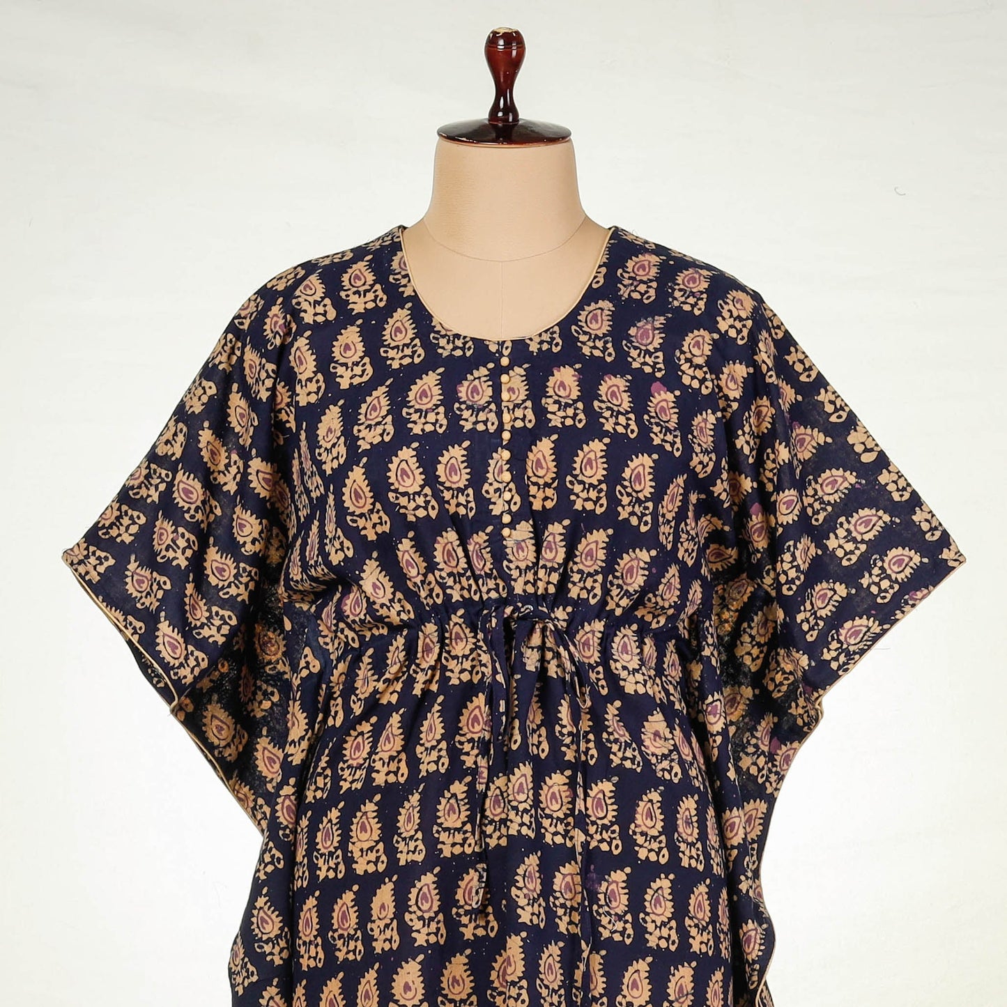 Purple - Hand Batik Printed Cotton Kaftan with Tie-Up Waist (Long)