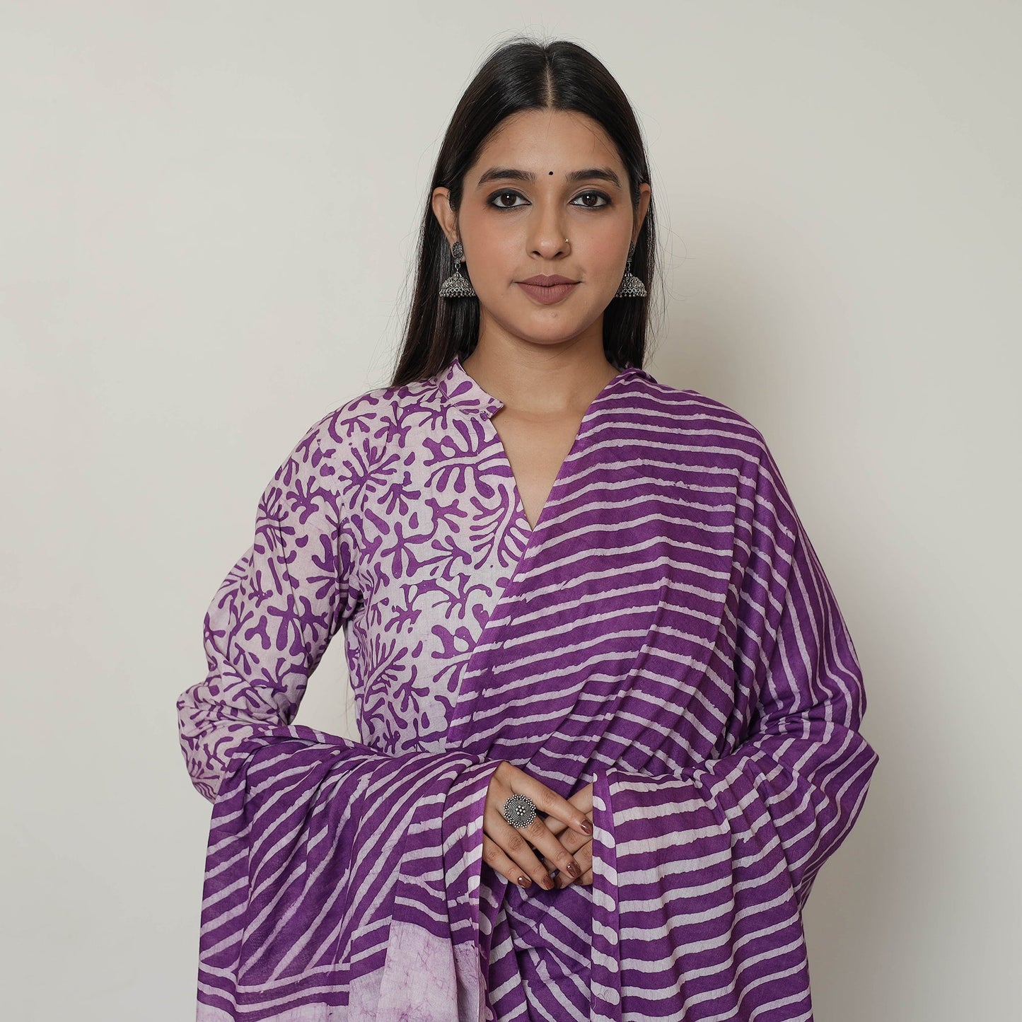 Hand Batik Printed Cotton Kurta with Palazzo & Dupatta Set 15