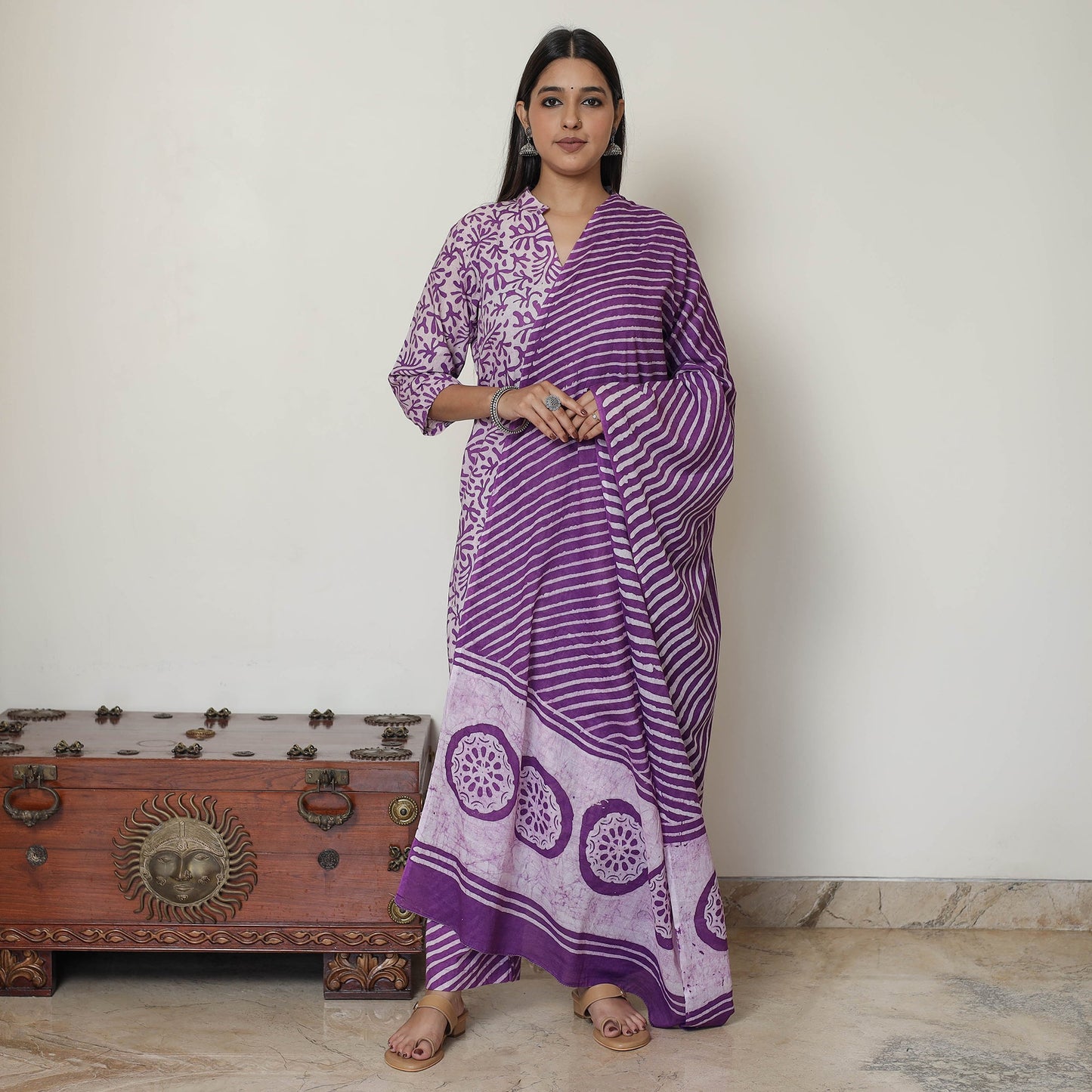 Hand Batik Printed Cotton Kurta with Palazzo & Dupatta Set 15