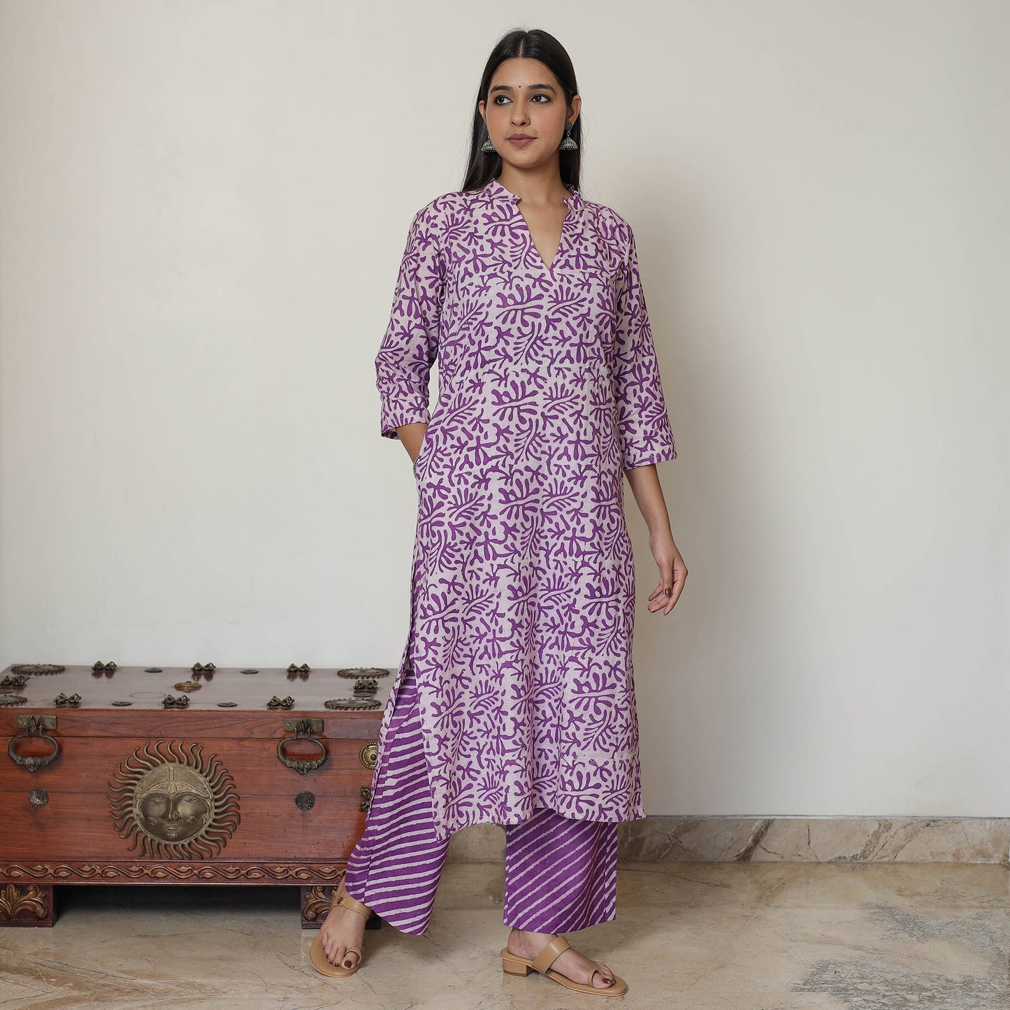Hand Batik Printed Cotton Kurta with Palazzo & Dupatta Set 15