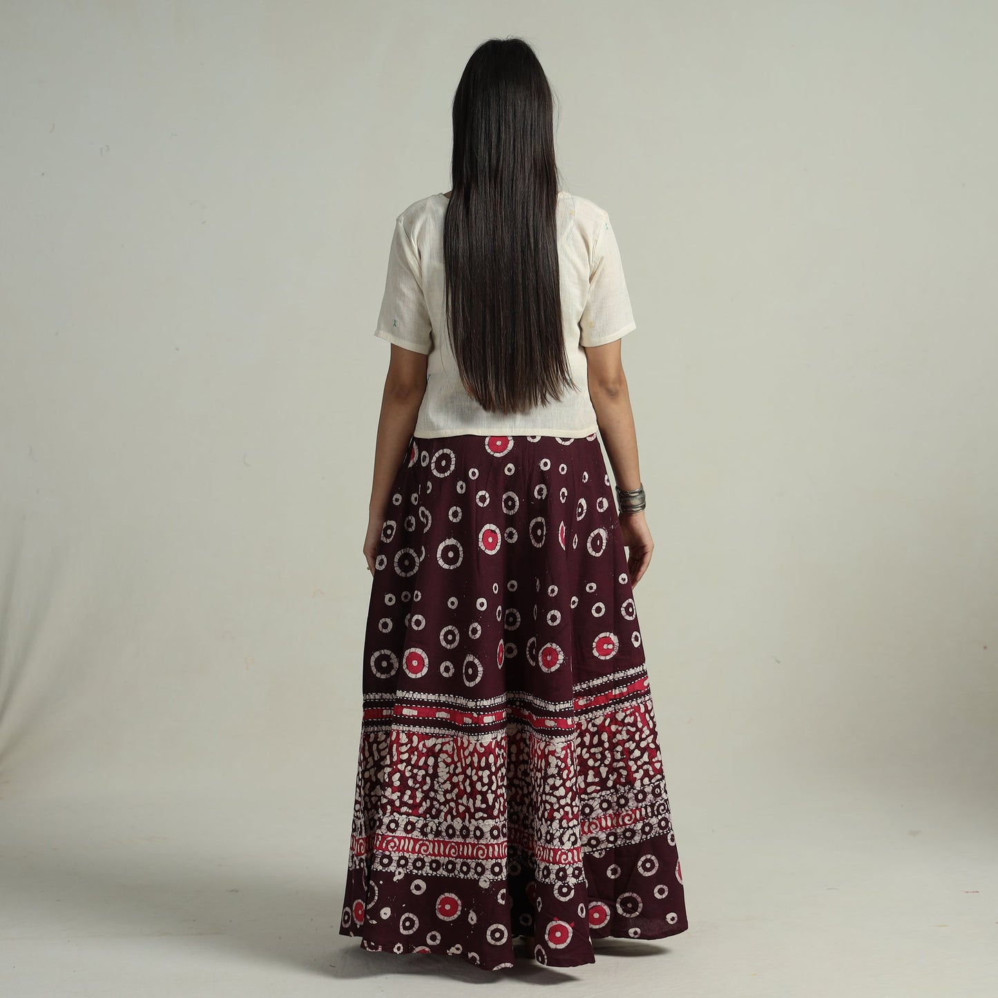Purple Hand Batik Printed Running Stitch Cotton Long Skirt