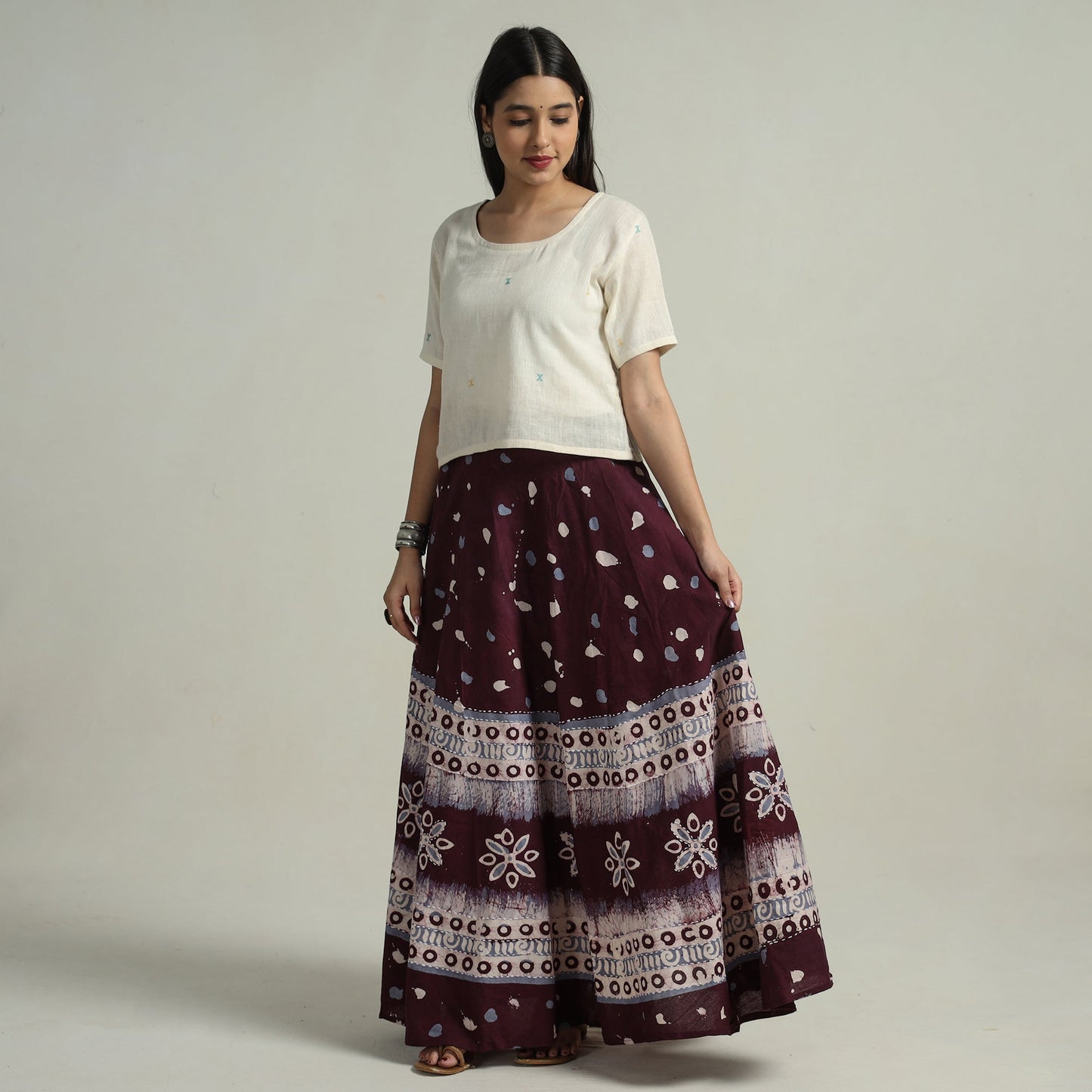 Purple Hand Batik Printed Running Stitch Cotton Long Skirt