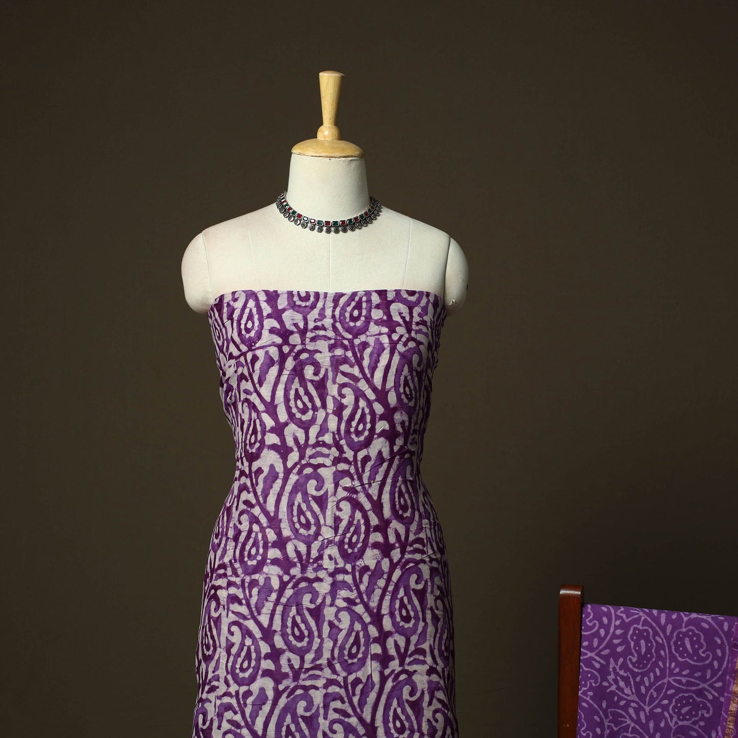Hand block batik print chanderi silk 3pc unstitched dress